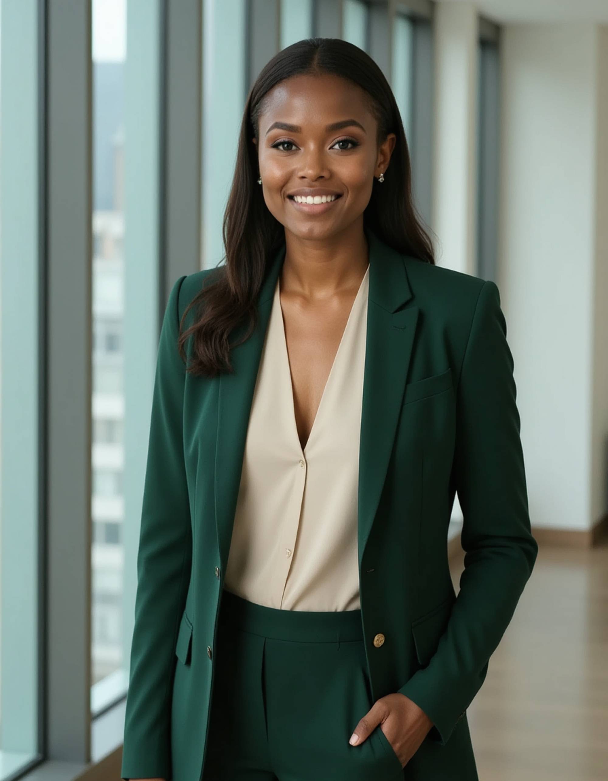 headshot of model, standing by floor-to-ceiling windows, forest green blazer over cream blouse, structured shoulder pads, confident smile, natural daylight, corporate headquarters setting, high-definition, executive elegance