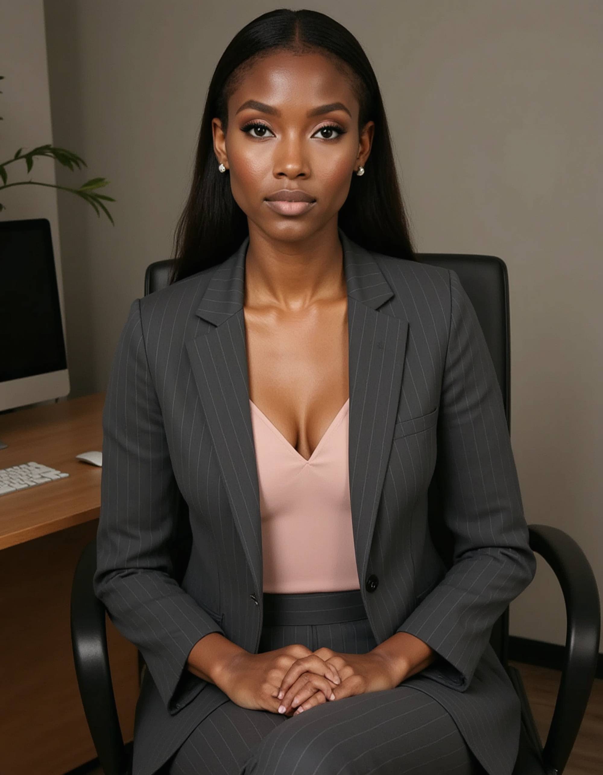 professional headshot of model, sitting in modern swivel chair, pinstripe gray suit jacket, light pink blouse, pearl stud earrings, neutral expression, ambient office lighting, contemporary workspace, crisp details, business professional poise