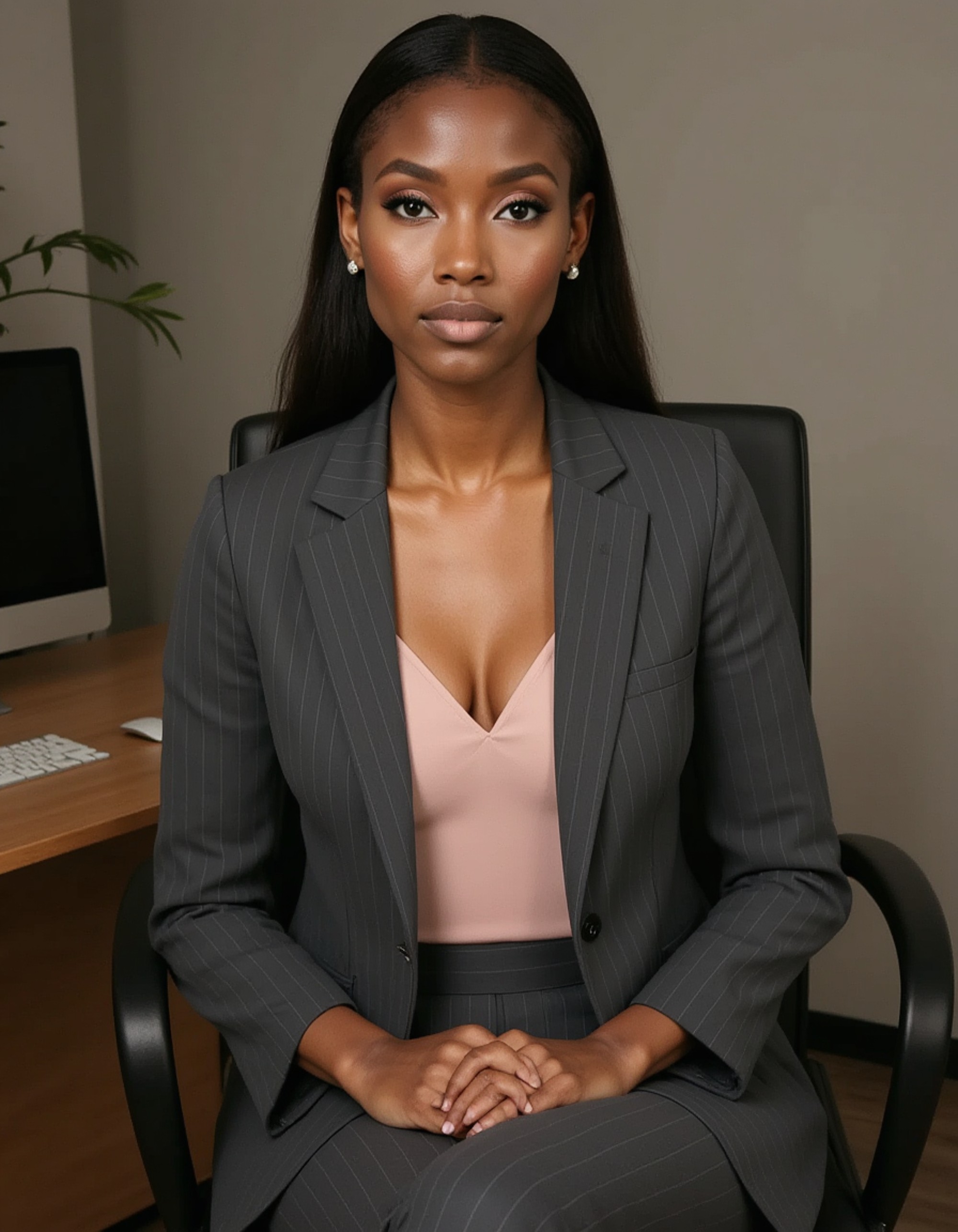 professional headshot of model, sitting in modern swivel chair, pinstripe gray suit jacket, light pink blouse, pearl stud earrings, neutral expression, ambient office lighting, contemporary workspace, crisp details, business professional poise
