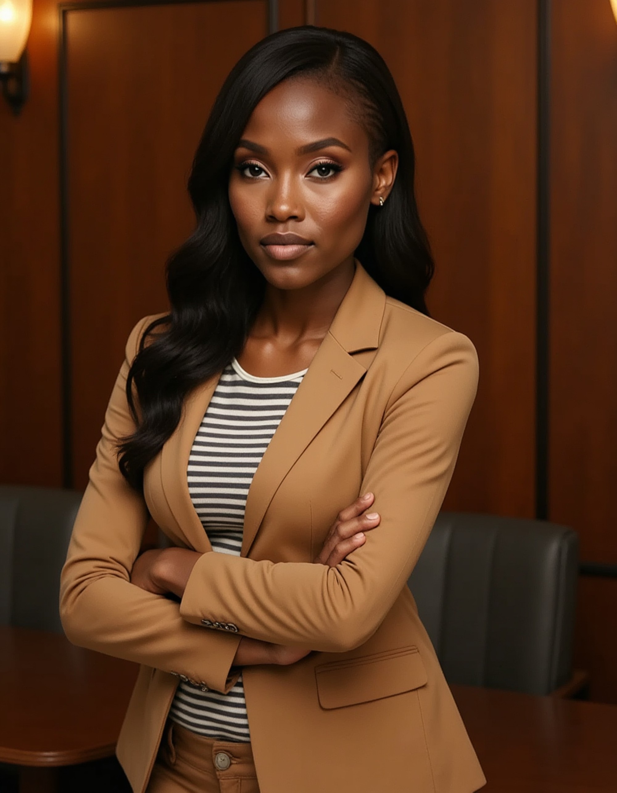 professional headshot of model, standing in executive boardroom, camel-colored blazer, striped blouse tucked in, subtle bronze makeup, confident gaze, ambient lighting from overhead fixtures, mahogany paneled background, high-definition, business authority
