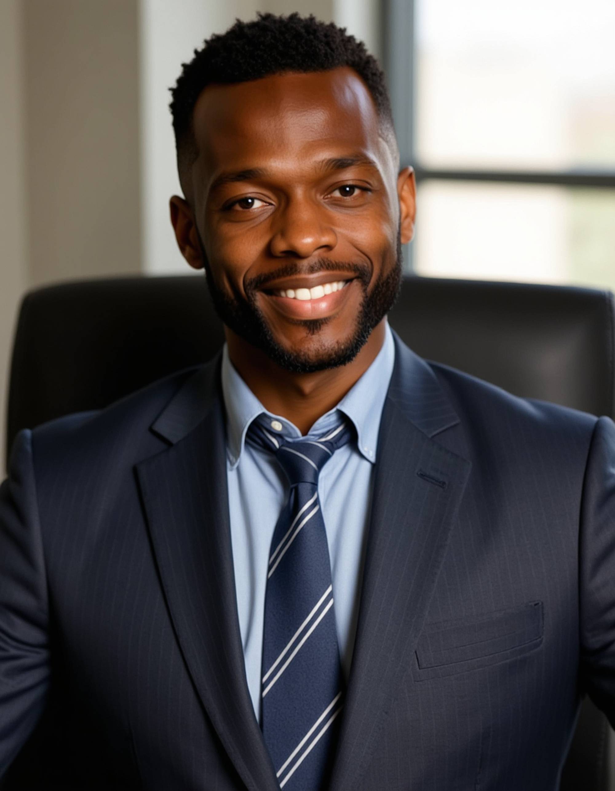 8k professional headshot of model, seated in high-back office chair, pinstripe charcoal suit, powder blue dress shirt, diagonal striped tie, confident smile, natural window lighting, executive office backdrop, sharp focus, corporate leadership presence