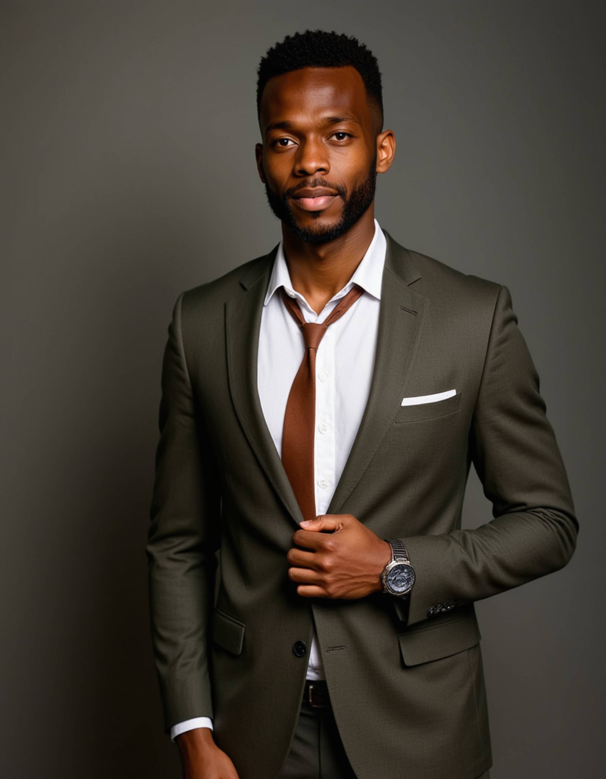 headshot of model, standing at standing desk, olive green suit jacket, white Oxford shirt, brown leather tie, neutral expression, studio lighting, modern tech office setting, high-definition, contemporary business professional