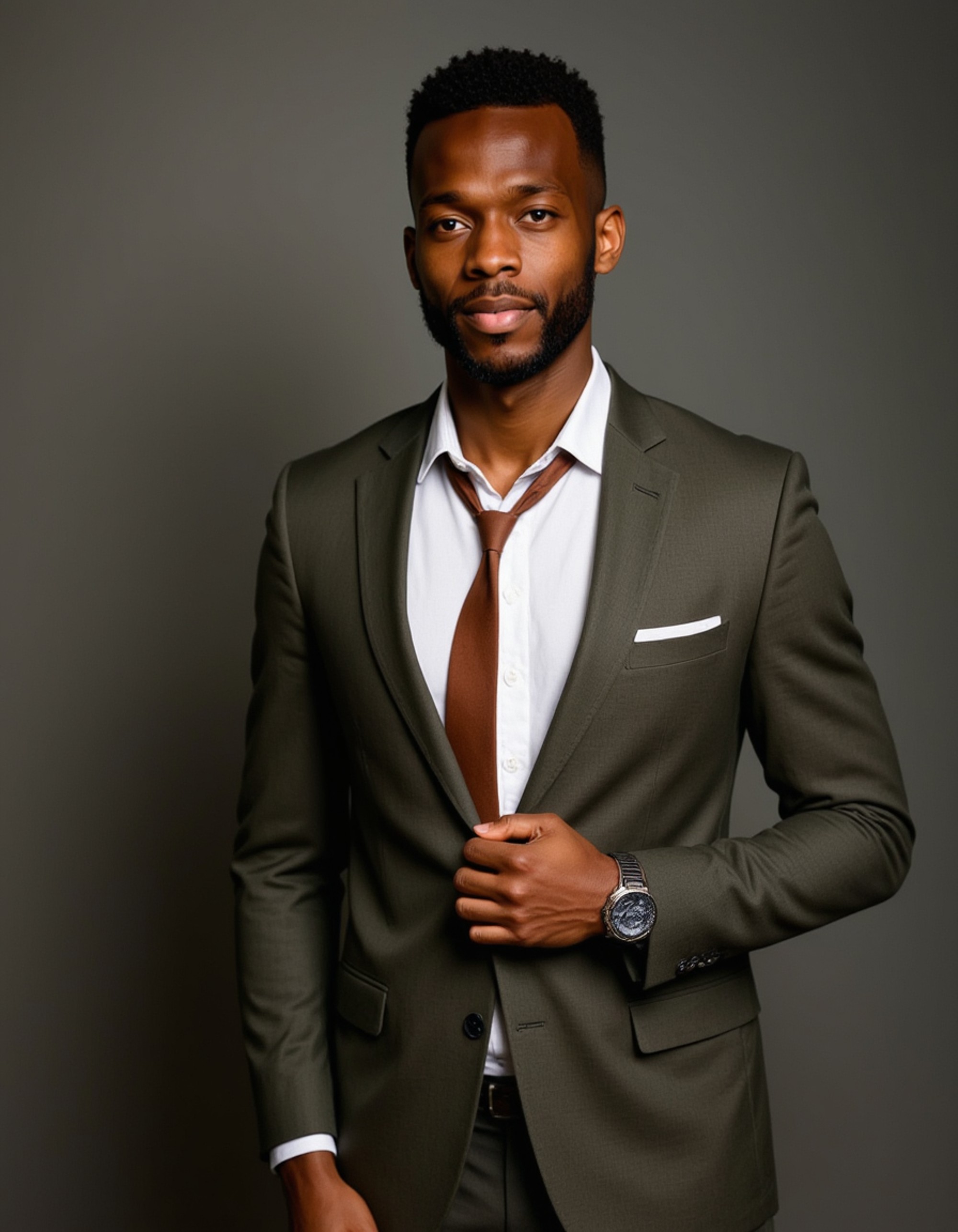headshot of model, standing at standing desk, olive green suit jacket, white Oxford shirt, brown leather tie, neutral expression, studio lighting, modern tech office setting, high-definition, contemporary business professional