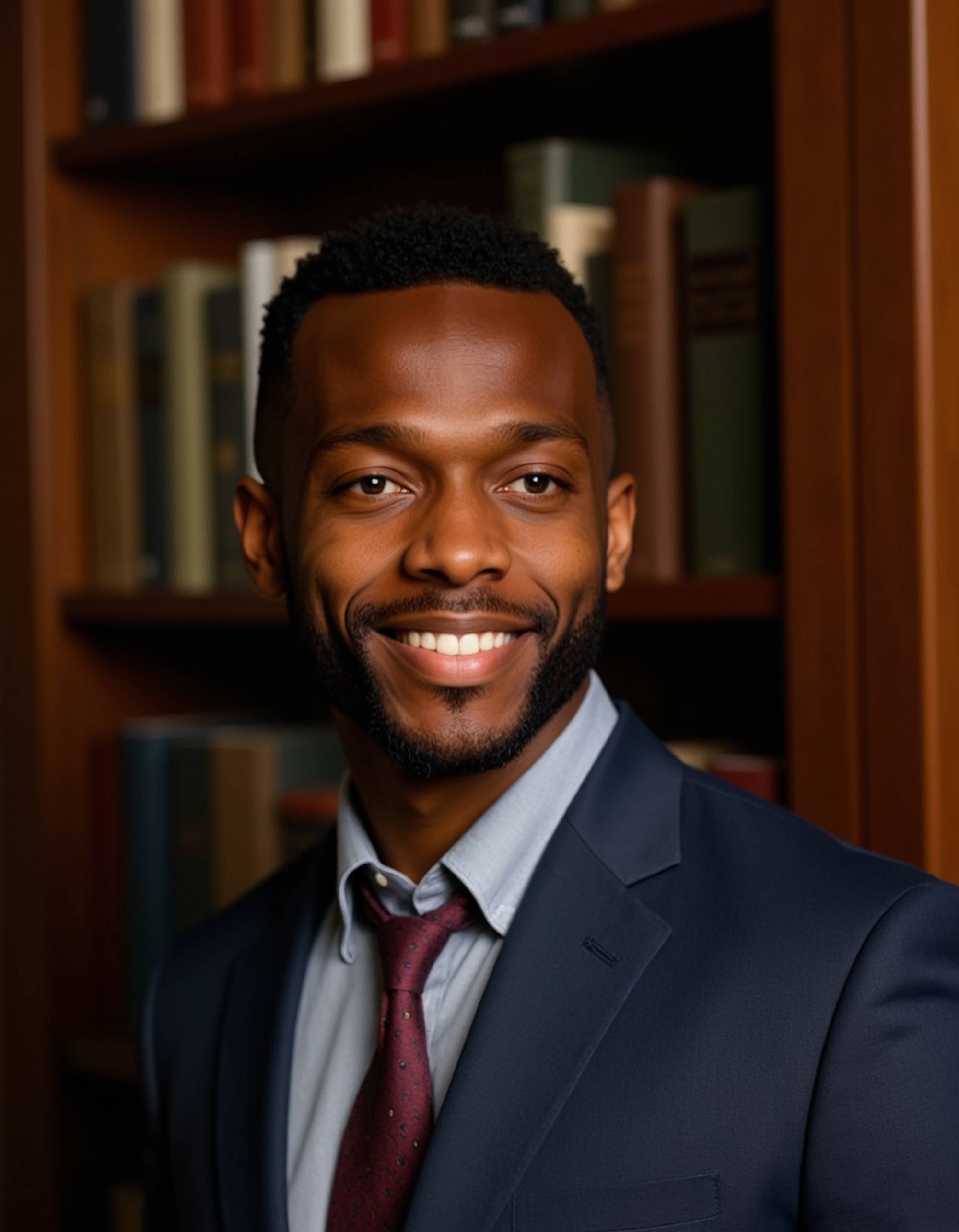 professional headshot of model, leaning against mahogany bookcase, deep navy suit, light gray dress shirt, burgundy paisley tie, subtle smile, ambient library lighting, traditional office background, crisp details, executive sophistication