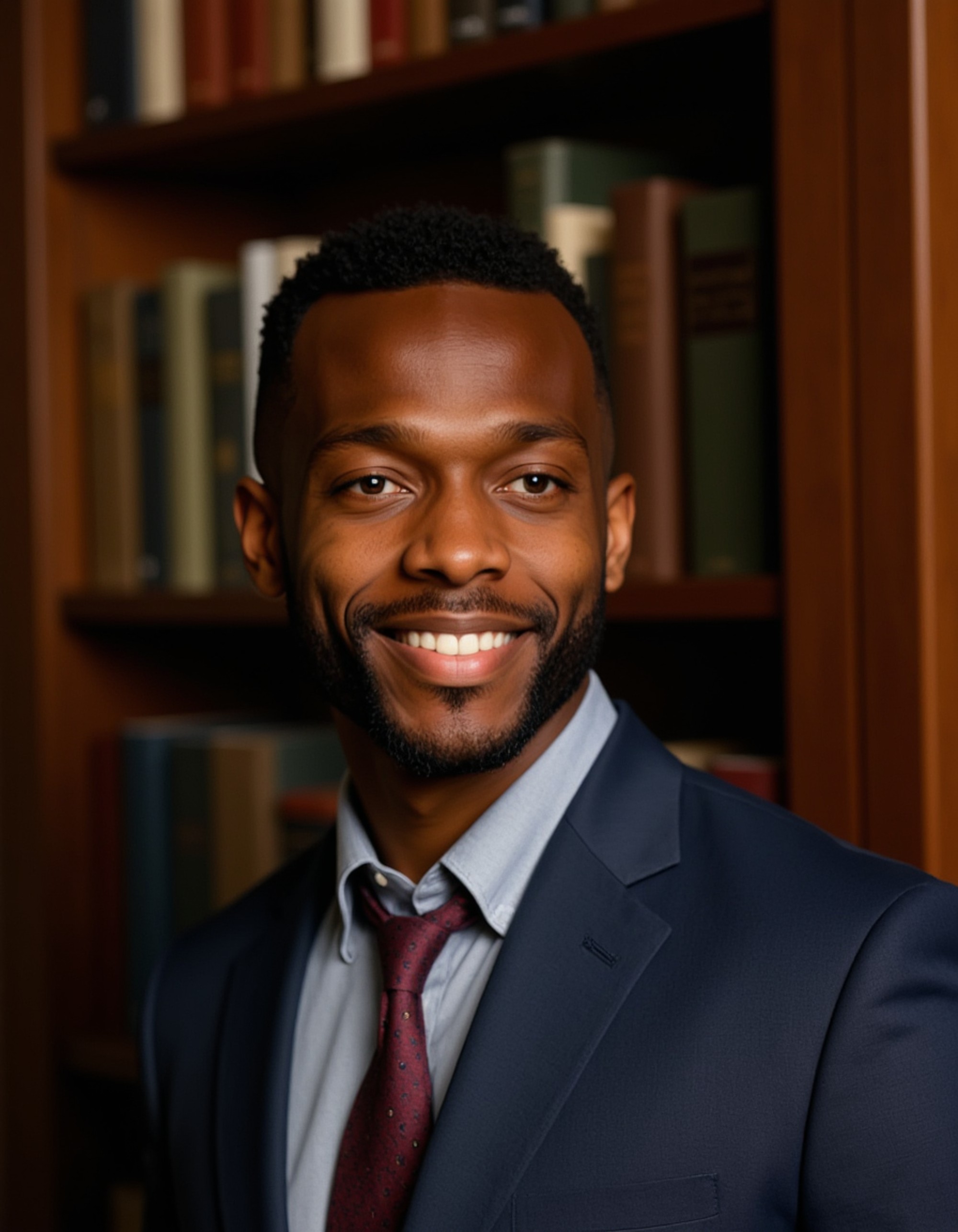 professional headshot of model, leaning against mahogany bookcase, deep navy suit, light gray dress shirt, burgundy paisley tie, subtle smile, ambient library lighting, traditional office background, crisp details, executive sophistication