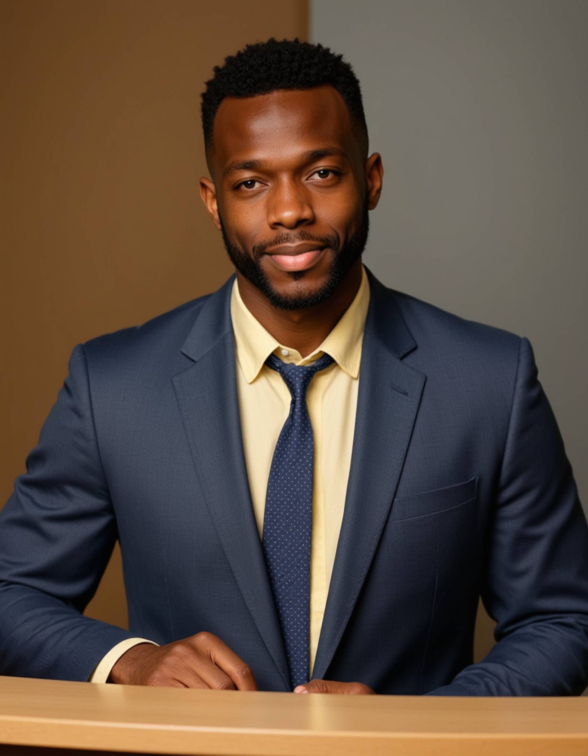 8k headshot of model, sitting at curved reception desk, medium gray suit, pale yellow shirt, navy blue tie with small dots, professional demeanor, soft studio backdrop, sharp focus, approachable business elegance