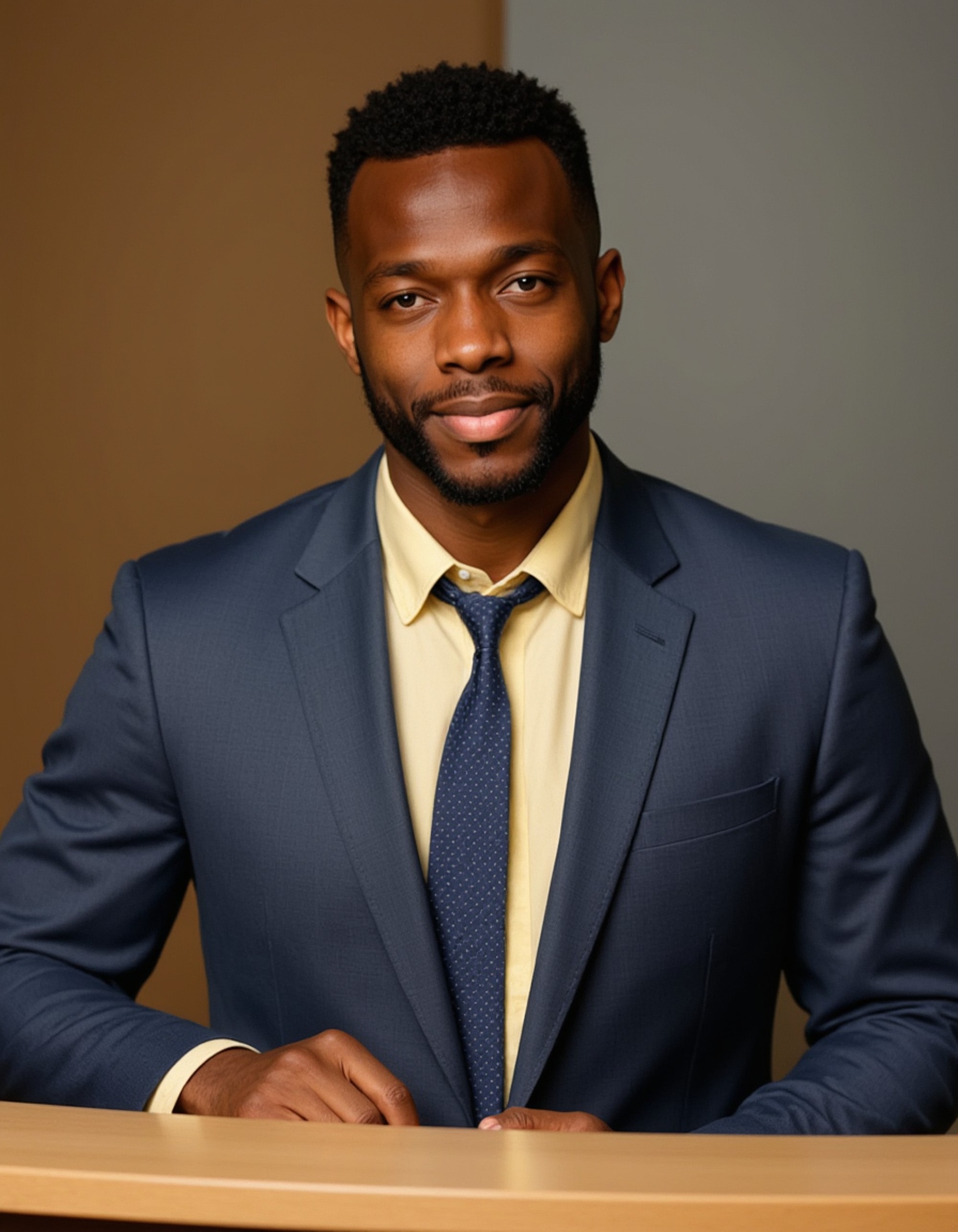 8k headshot of model, sitting at curved reception desk, medium gray suit, pale yellow shirt, navy blue tie with small dots, professional demeanor, soft studio backdrop, sharp focus, approachable business elegance