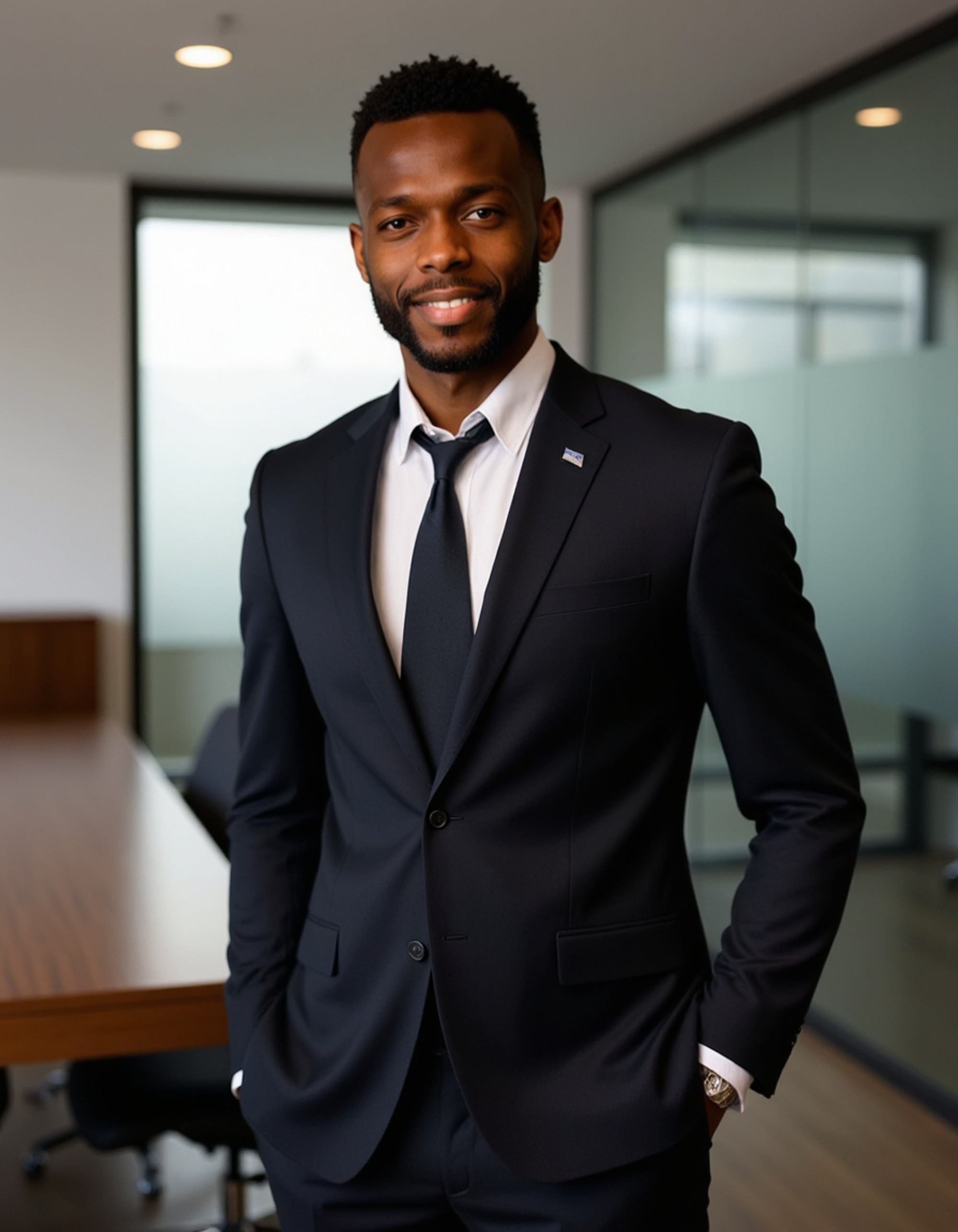 professional headshot of model, standing beside conference room table, black three-piece suit, crisp white dress shirt, silver tie clip, confident expression, overhead office lighting, glass-walled meeting room setting, high-definition, formal business authority