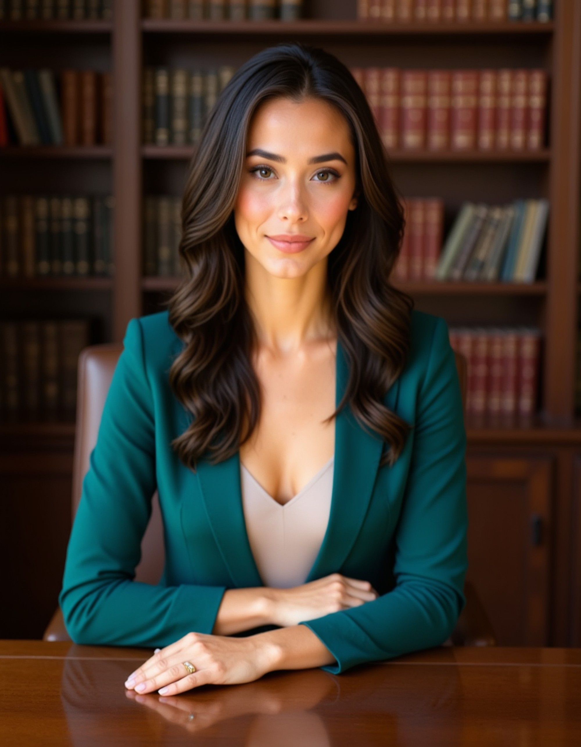 8k professional headshot of model, seated at walnut executive desk, emerald green blazer, cream silk camisole, delicate silver bracelet, natural makeup, soft office lighting, leather-bound book backdrop, sharp focus, refined business elegance
