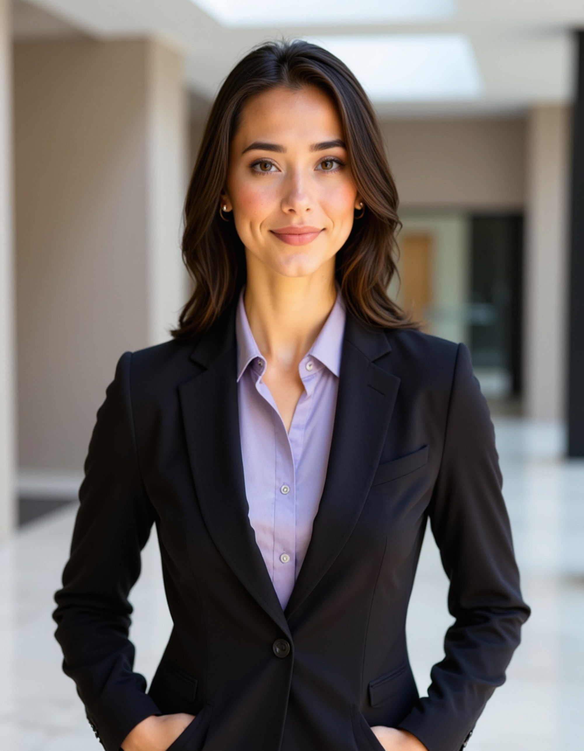 headshot of model, standing in marble lobby, tailored black blazer, lavender blouse, small diamond earrings, confident posture, natural daylight from skylights, luxury corporate entrance setting, high-definition, executive presence
