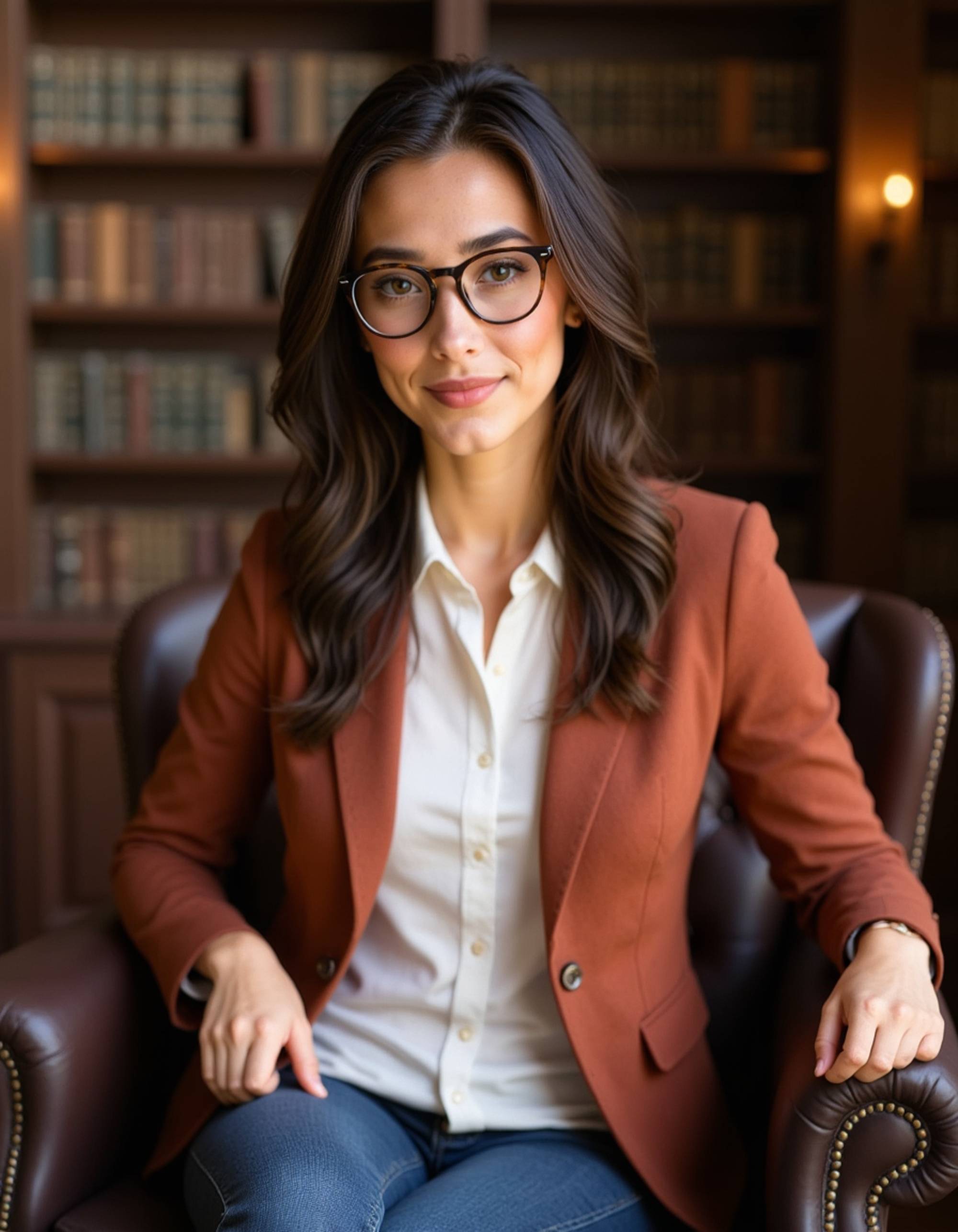 professional headshot of model, sitting in vintage leather chair, rust-colored blazer, white collared shirt, tortoiseshell glasses, subtle smile, ambient lamp lighting, classic office library background, crisp details, intellectual business professional