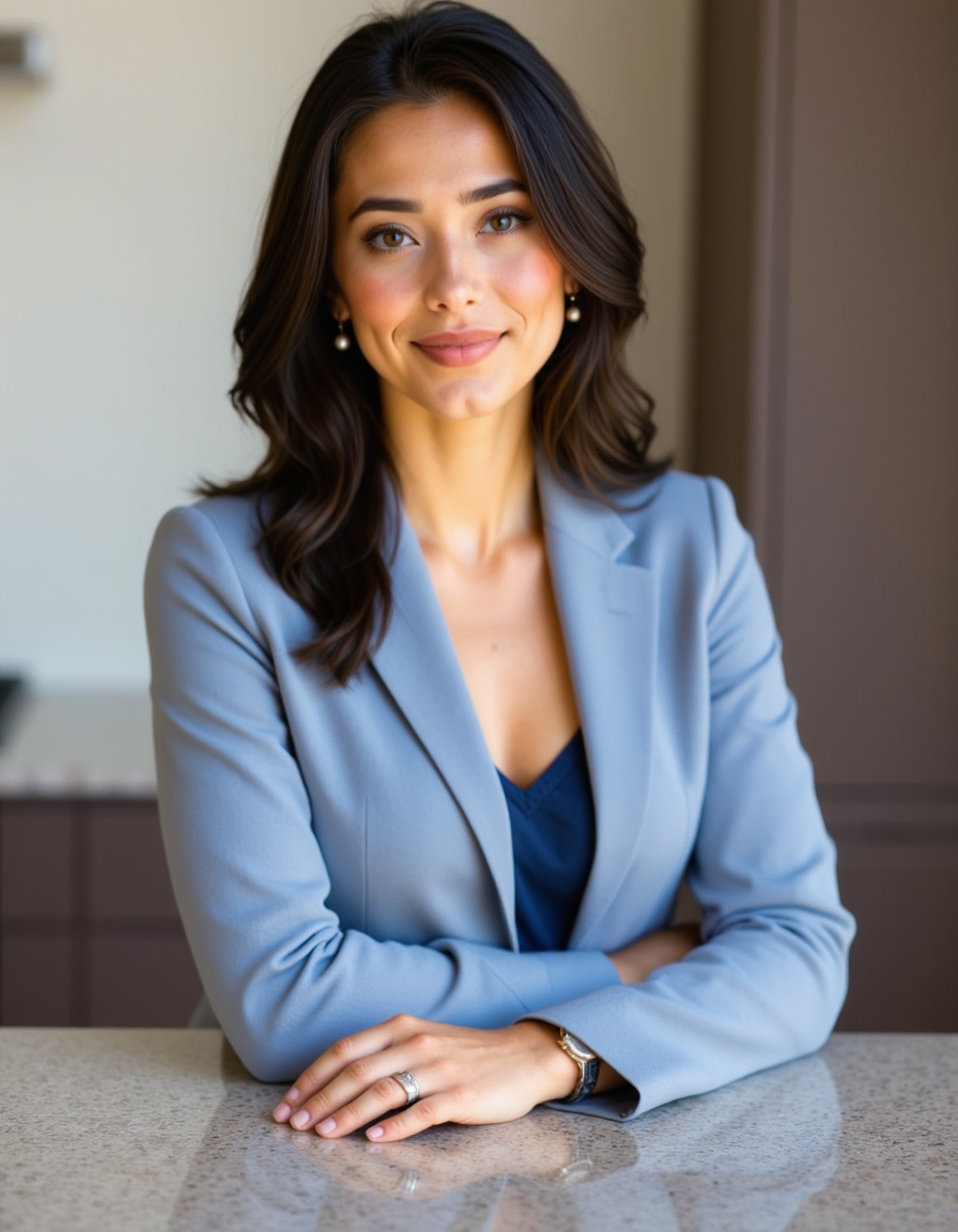 8k headshot of model, leaning on granite countertop, powder blue suit jacket, navy blouse, pearl drop earrings, polished makeup, studio lighting with soft diffusion, contemporary office kitchen area, sharp focus, approachable corporate style