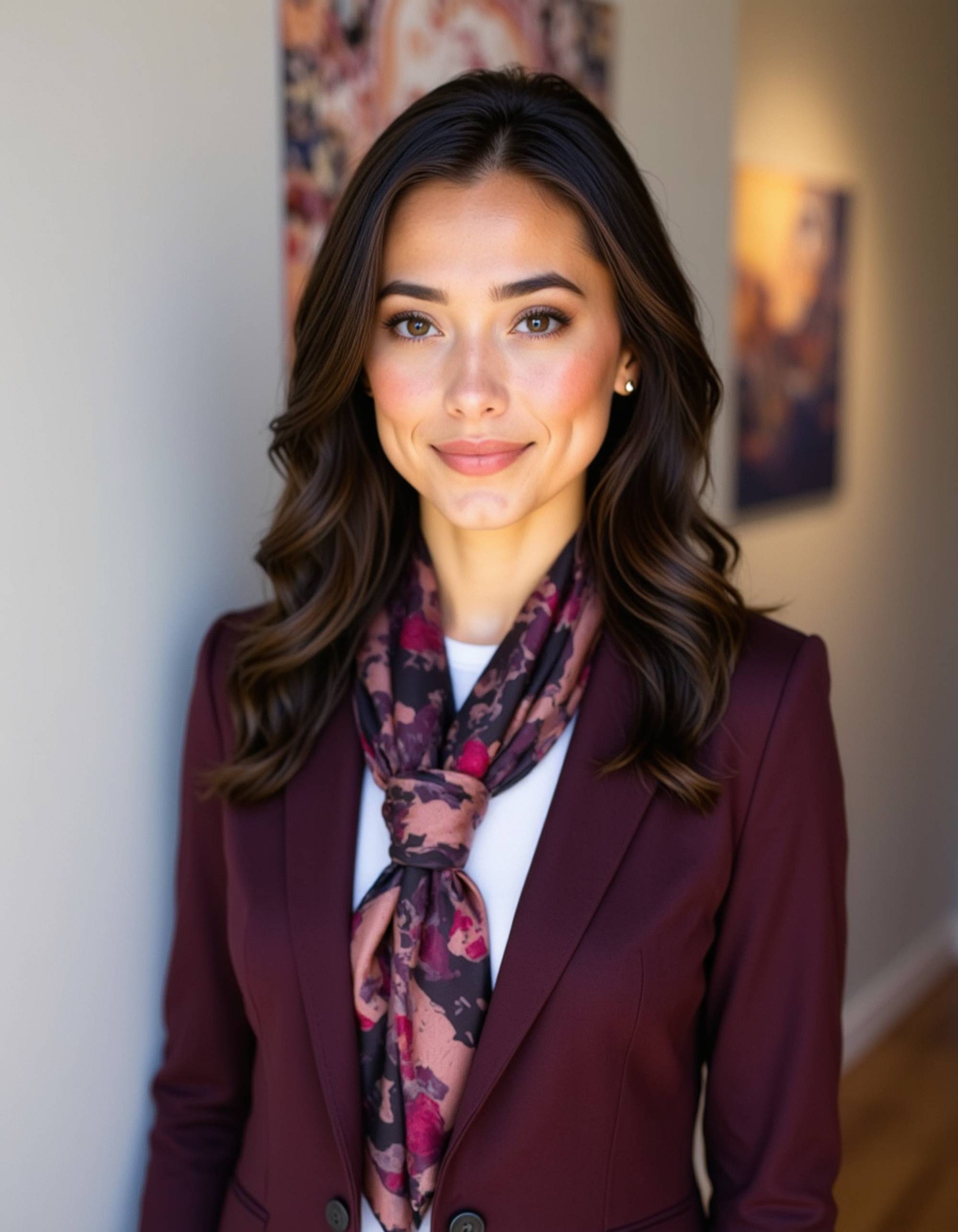professional headshot of model, standing by abstract art wall, wine-colored blazer, silk scarf as accent, minimal gold jewelry, confident expression, gallery lighting, modern creative office space, high-definition, artistic business sophistication