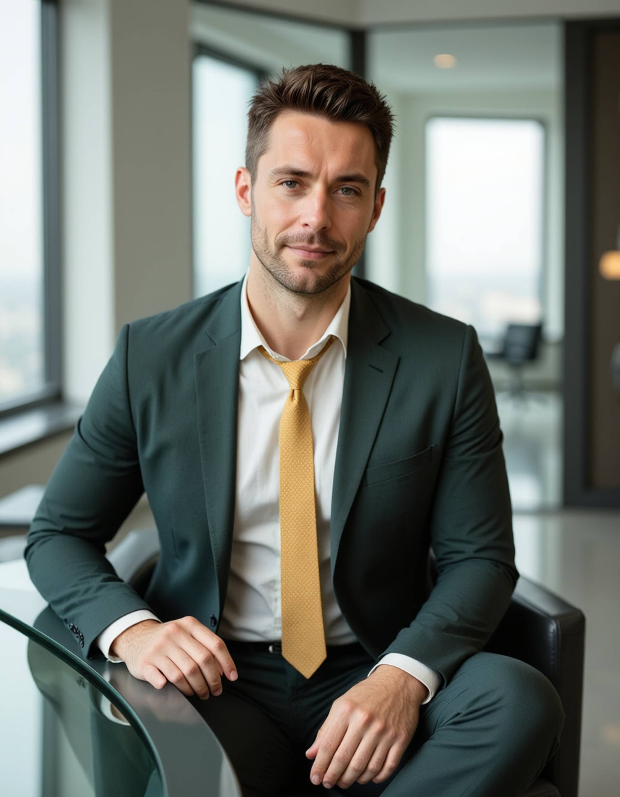 8k professional headshot of model, seated at curved glass desk, forest green suit, cream dress shirt, gold tie with subtle texture, confident demeanor, natural lighting from panoramic windows, sleek modern office backdrop, sharp focus, contemporary executive style