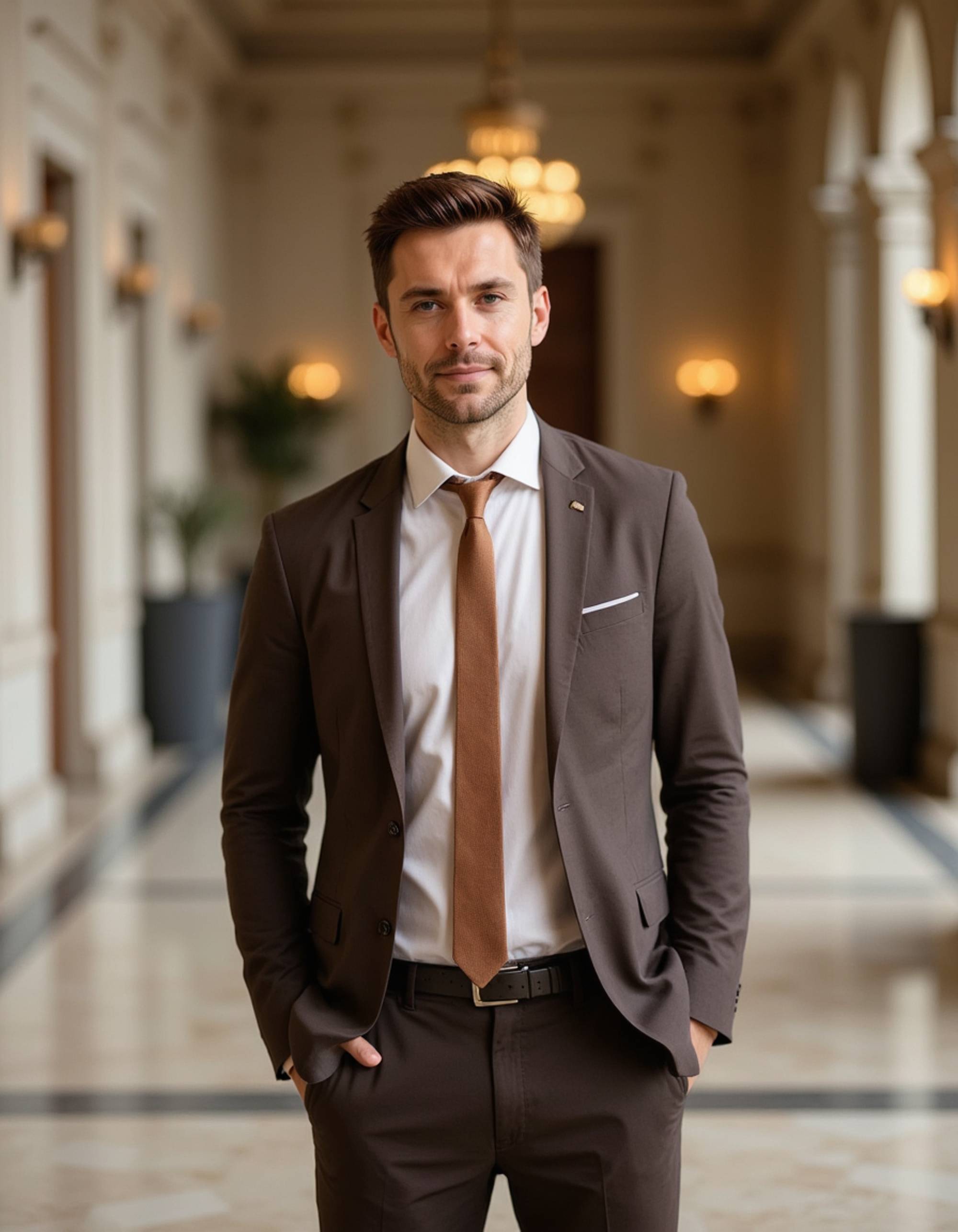 headshot of model, standing in marble-columned lobby, deep brown suit jacket, light beige shirt, bronze tie, neutral expression, architectural lighting, prestigious corporate building interior, high-definition, classic business professionalism