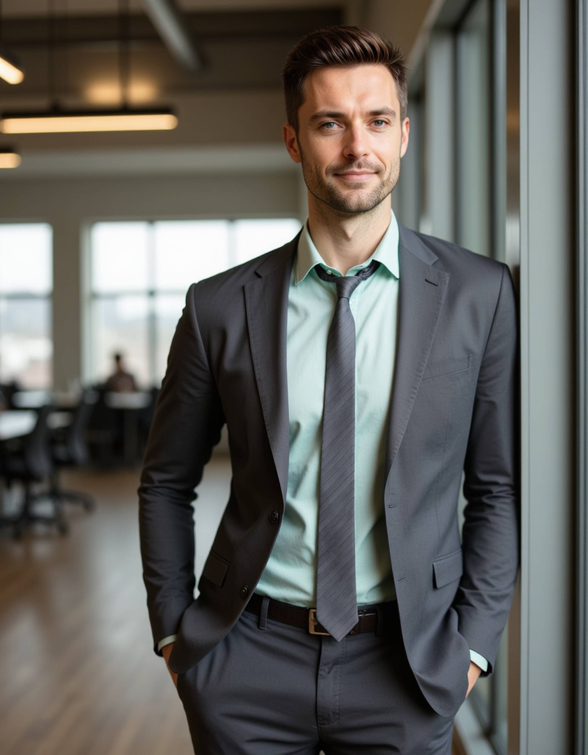 professional headshot of model, leaning against steel and glass partition, slate gray suit, pale mint dress shirt, charcoal tie with thin stripes, subtle smile, ambient fluorescent lighting, open-plan office environment, crisp details, modern workplace aesthetic