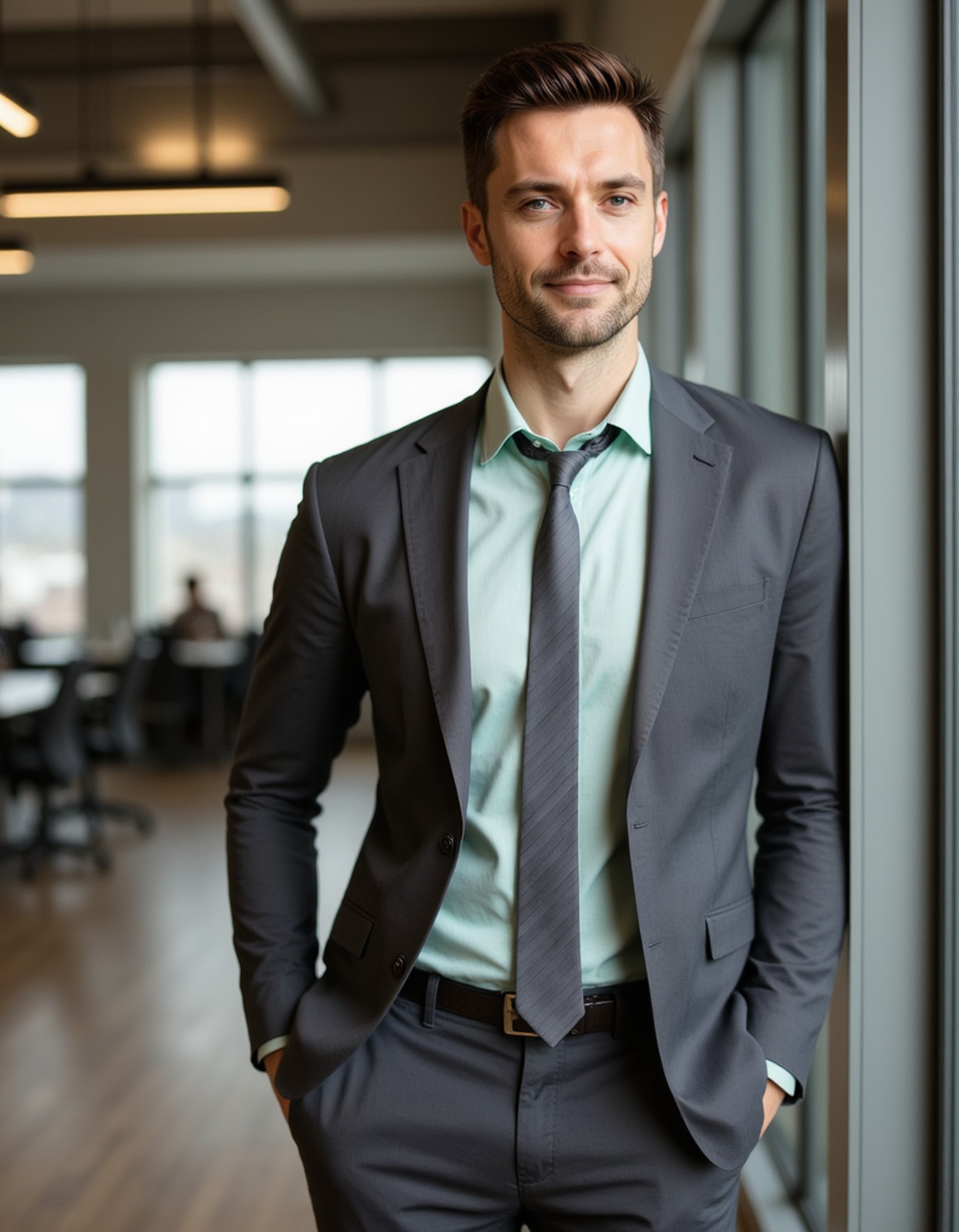 professional headshot of model, leaning against steel and glass partition, slate gray suit, pale mint dress shirt, charcoal tie with thin stripes, subtle smile, ambient fluorescent lighting, open-plan office environment, crisp details, modern workplace aesthetic