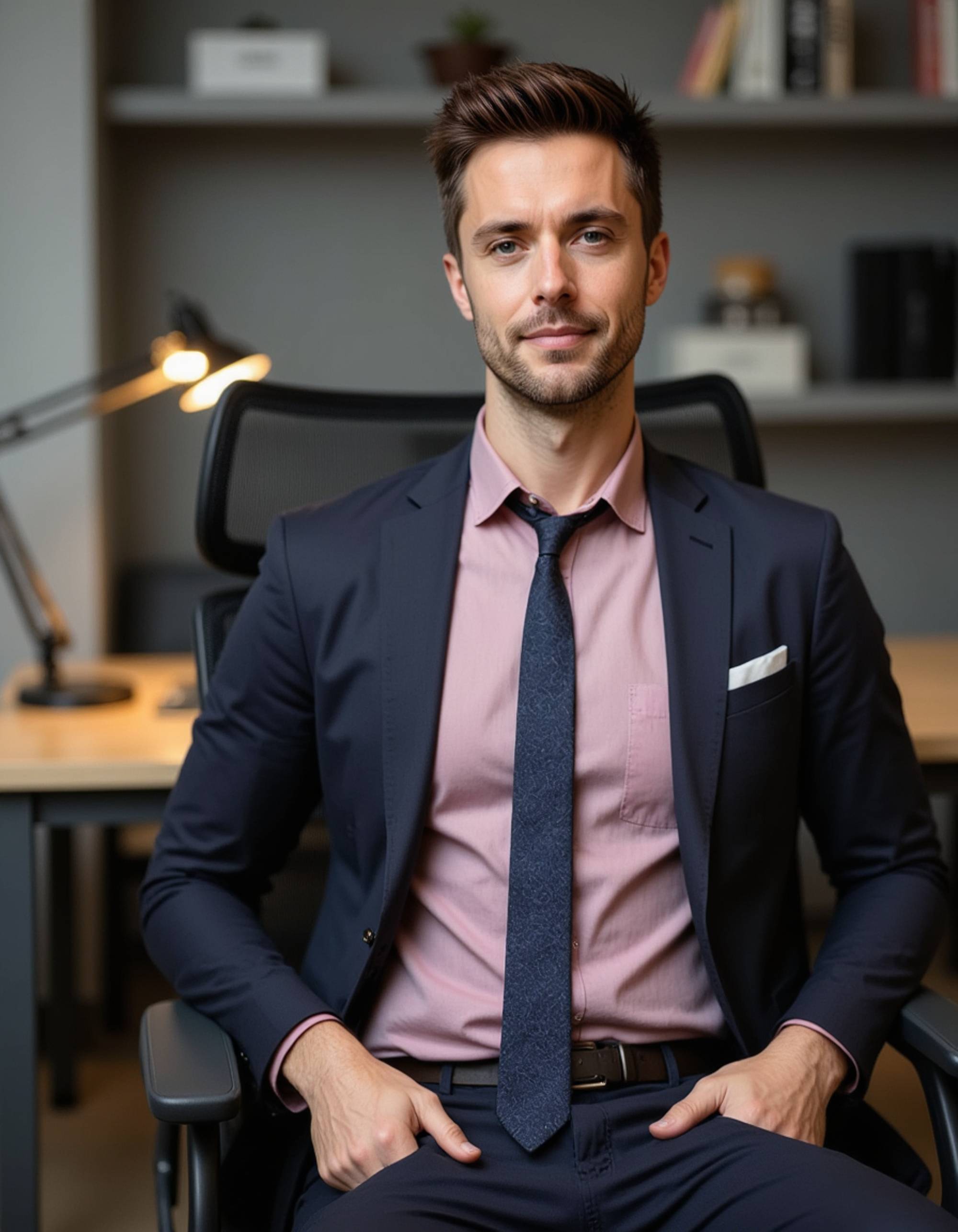 8k headshot of model, sitting in ergonomic mesh chair, midnight blue blazer, soft pink dress shirt, navy tie with geometric pattern, professional posture, task lighting from desk lamp, tech startup office setting, sharp focus, innovative business culture