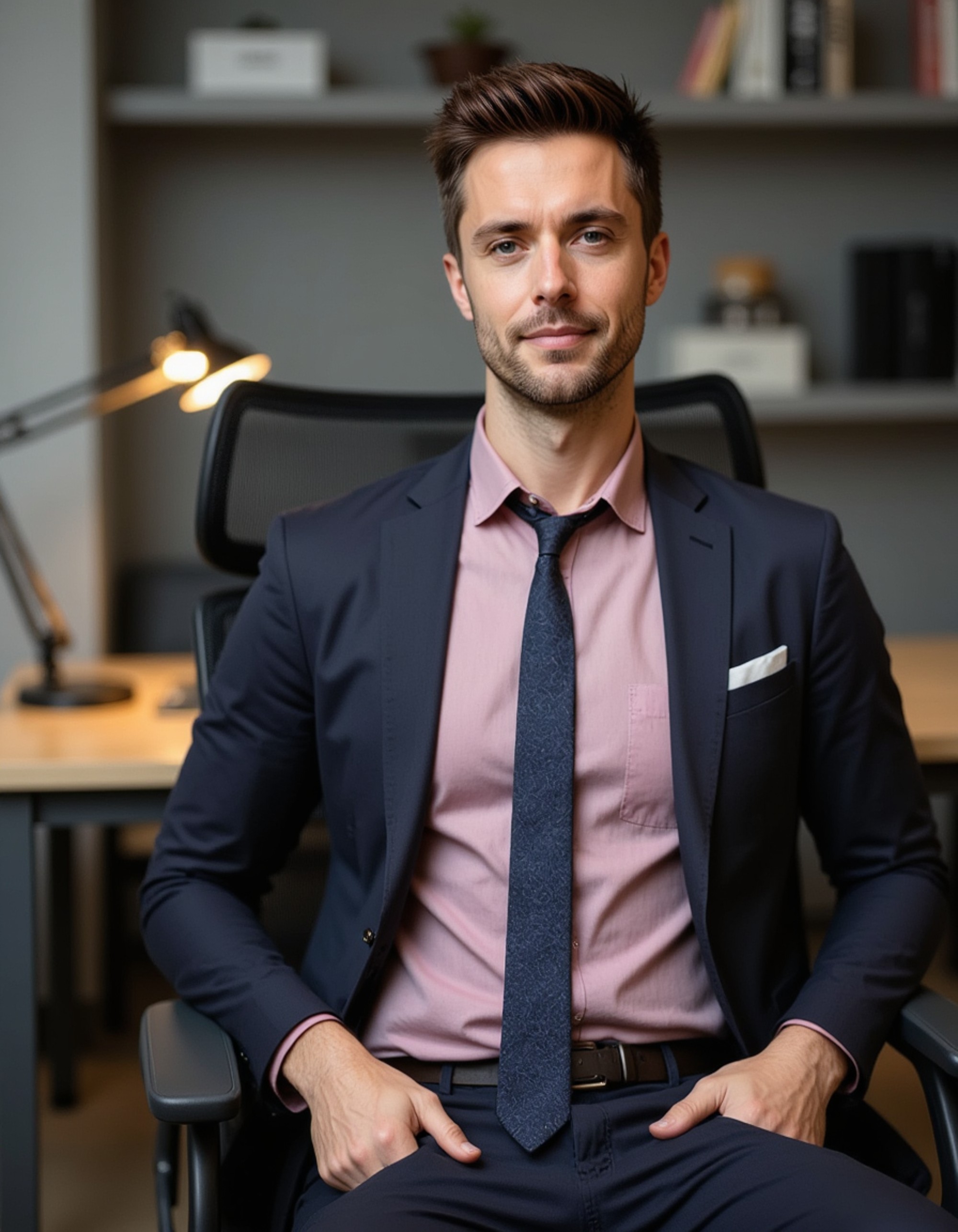 8k headshot of model, sitting in ergonomic mesh chair, midnight blue blazer, soft pink dress shirt, navy tie with geometric pattern, professional posture, task lighting from desk lamp, tech startup office setting, sharp focus, innovative business culture
