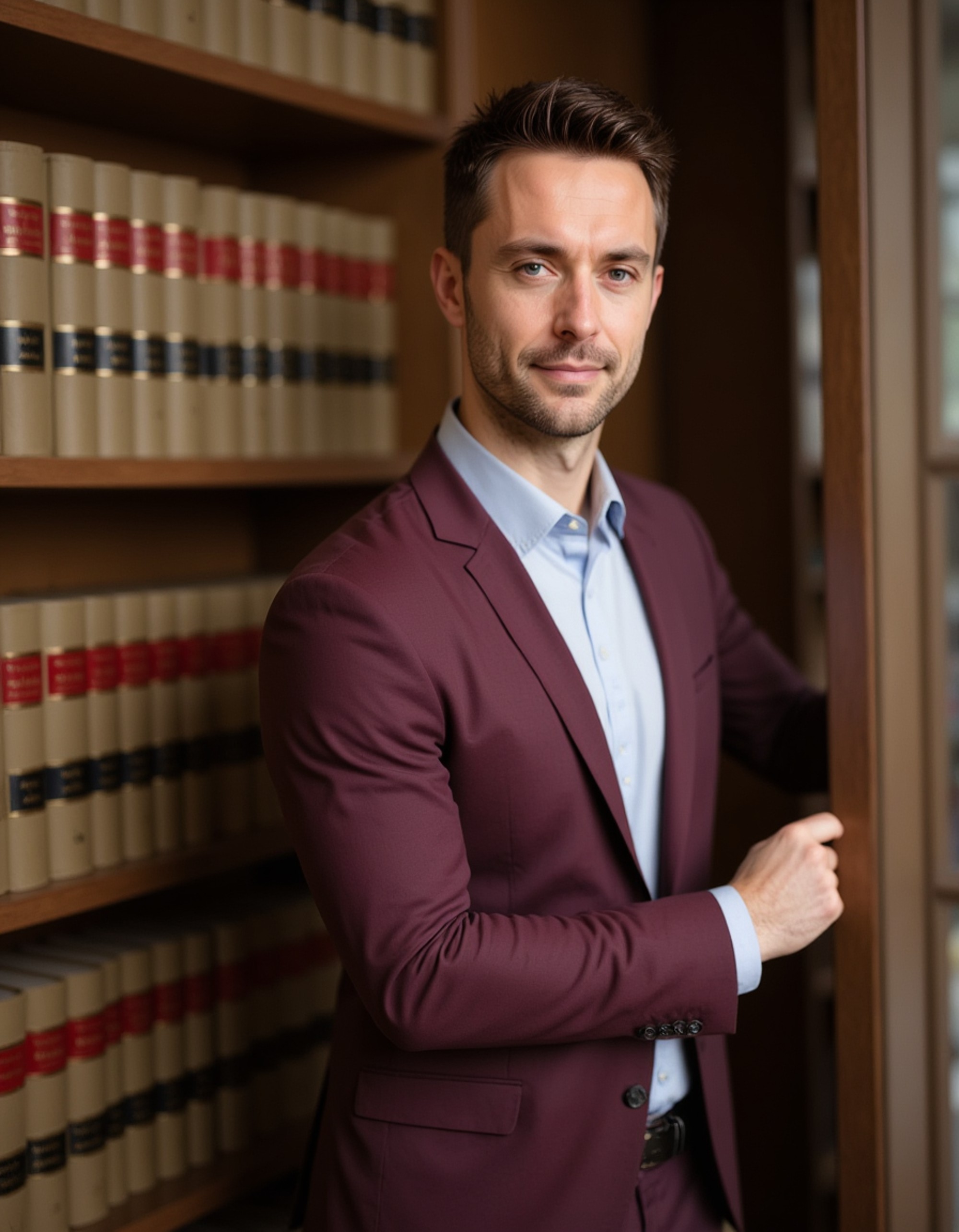 professional headshot of model, standing beside floor-to-ceiling bookshelf, rich burgundy suit, white French cuff shirt, silver cufflinks, confident gaze, warm library lighting, traditional law firm office backdrop, high-definition, distinguished legal professional