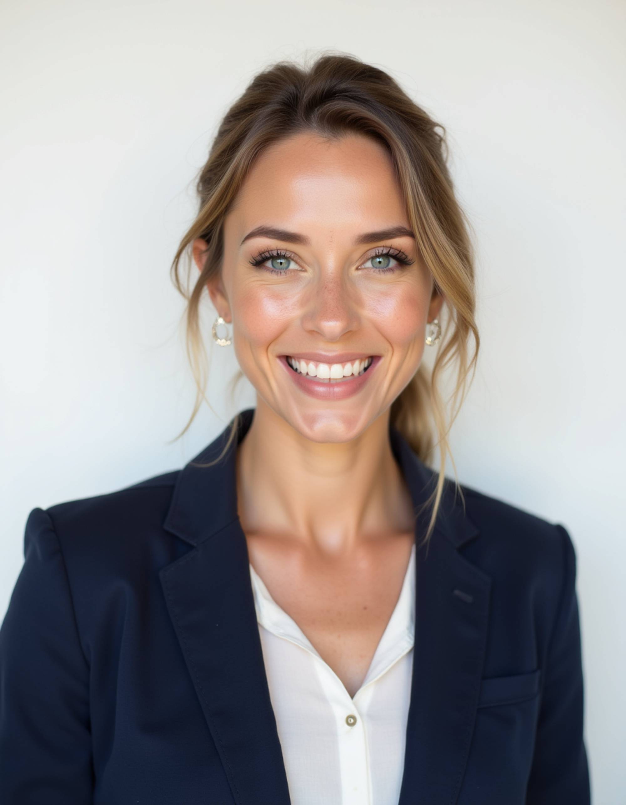 A professional actor headshot of a confident female model, taken in a well-lit studio with a clean white backdrop. The model is wearing a navy blue blazer over a white blouse with minimal jewelry. Her hair is styled in a sleek low bun with natural makeup emphasizing her eyes. The lighting is soft and even, creating gentle shadows that define her facial structure with a warm, genuine smile perfect for commercial casting calls.