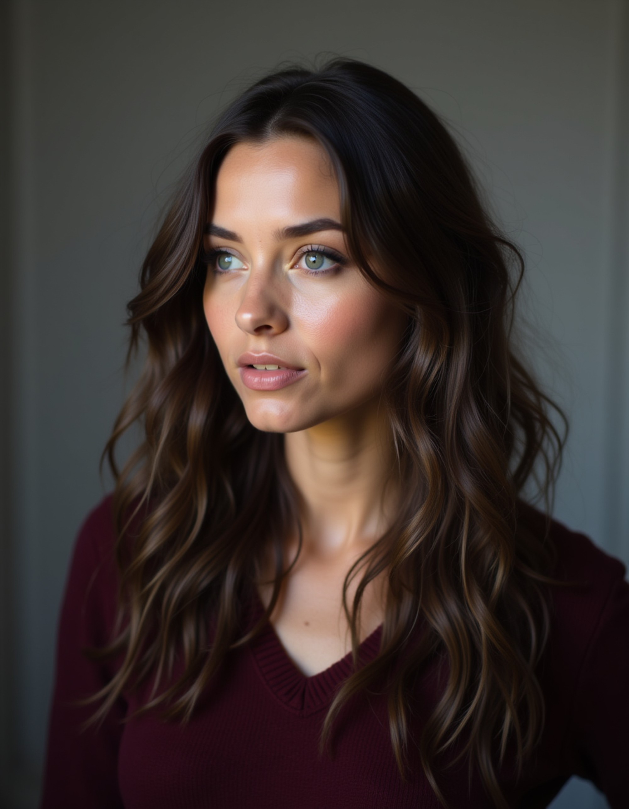 A professional actor headshot of an elegant female model, photographed in a studio setting with a neutral gray backdrop. She's dressed in a burgundy sweater with her dark hair flowing in loose waves past her shoulders. The makeup is polished yet natural with defined eyebrows and subtle lip color. The lighting creates a beautiful catchlight in her eyes while maintaining soft shadows, capturing a thoughtful and intelligent expression ideal for dramatic roles.