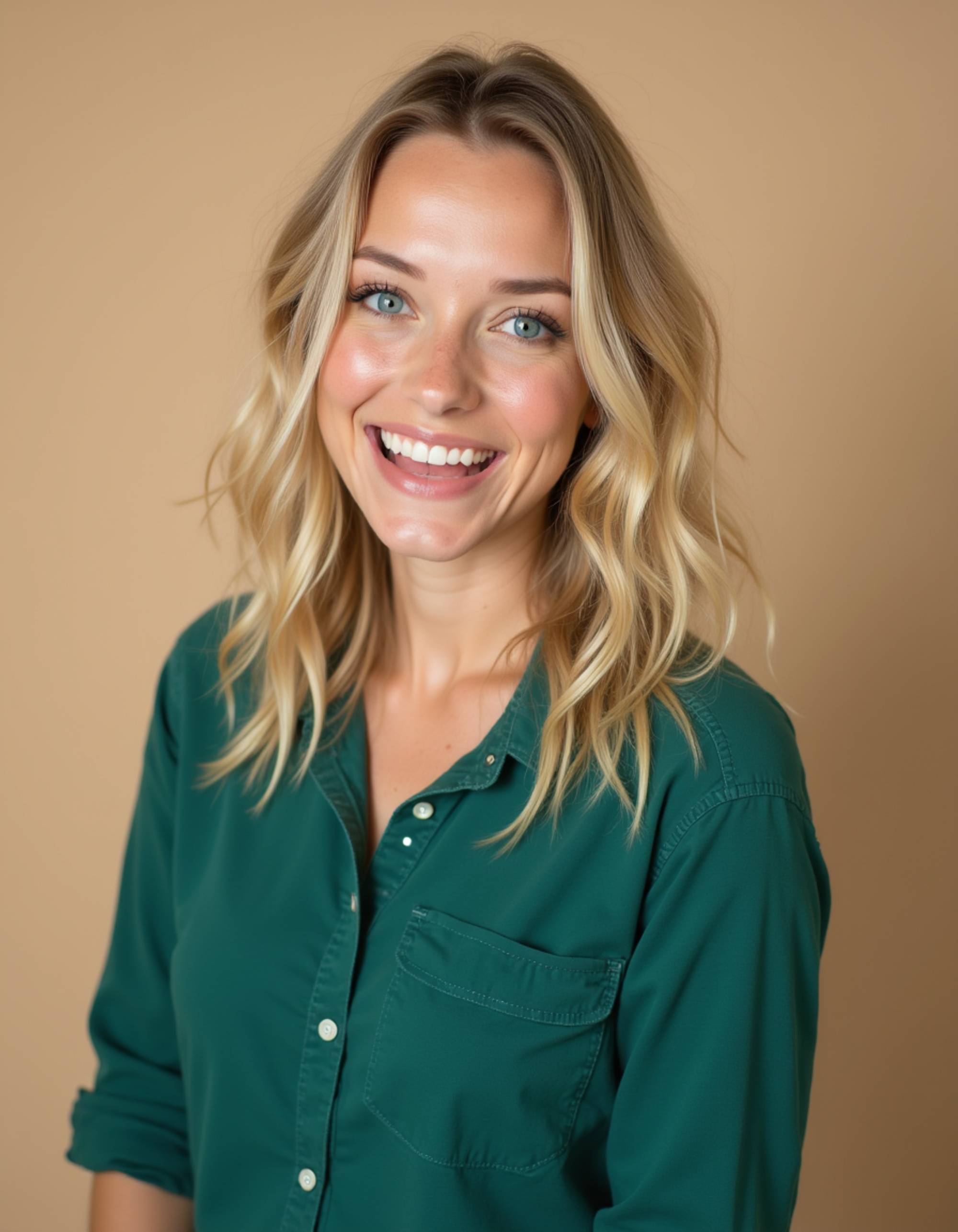 A professional actor headshot of a vibrant female model, shot against a seamless beige background in controlled studio lighting. The model wears a emerald green button-up shirt with her blonde hair styled in a modern side part. Her makeup features warm tones with a natural glow and defined lashes. The even lighting highlights her bright, engaging smile and sparkling eyes, creating an approachable headshot perfect for television auditions.