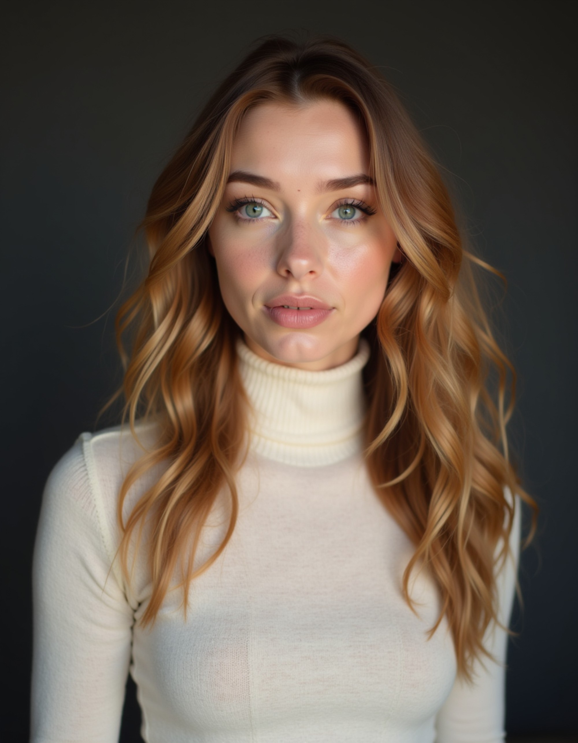 A professional actor headshot of a sophisticated female model, captured in a studio with a charcoal backdrop. She's wearing a classic cream-colored turtleneck with her auburn hair styled in soft layers framing her face. The makeup is understated with focus on clear skin and natural lip tone. The lighting creates beautiful dimension across her features while she displays a confident, serene expression that conveys both strength and warmth for versatile casting opportunities.