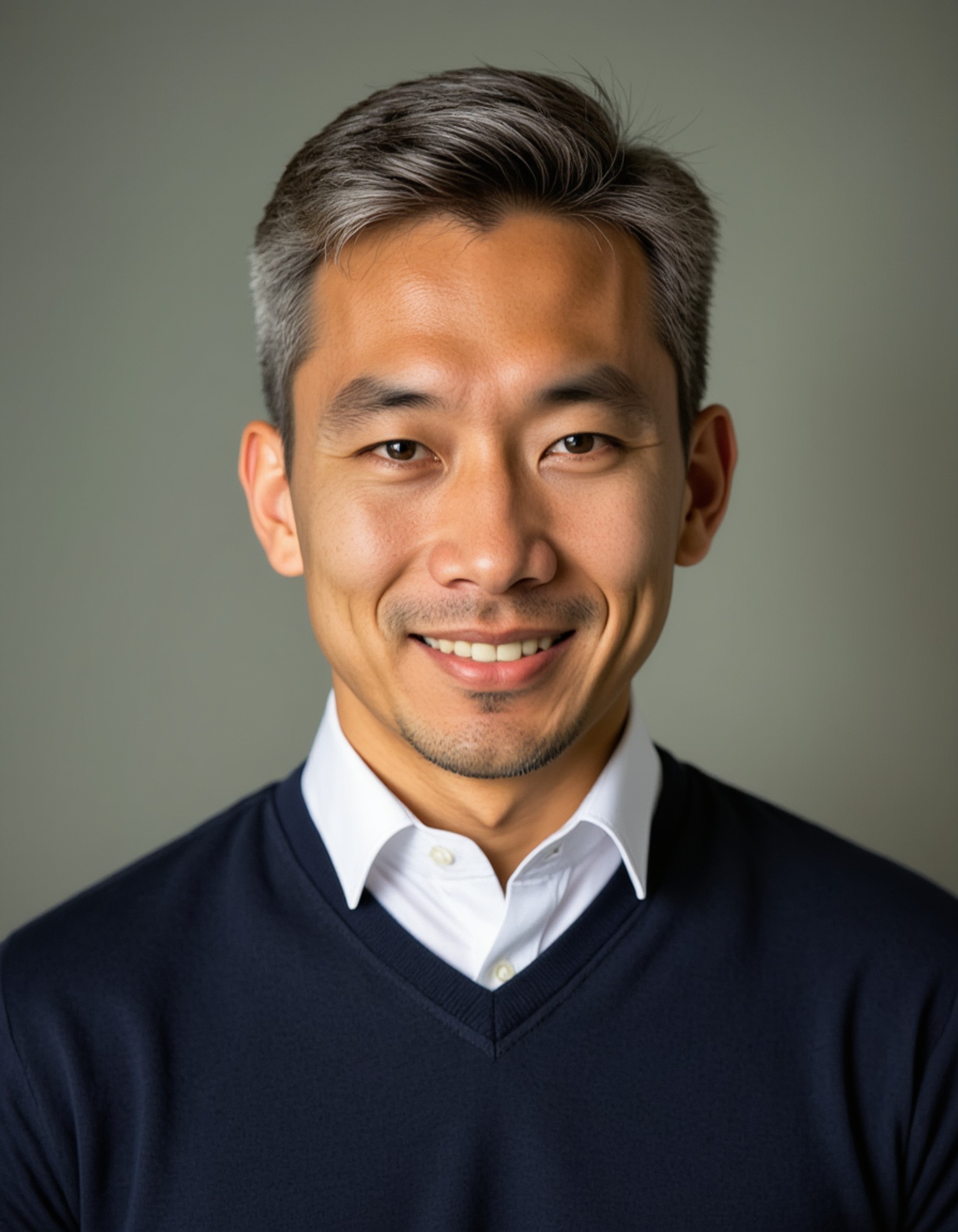 A professional actor headshot of a distinguished male model, photographed in a studio setting with a neutral gray backdrop. He's dressed in a navy blue sweater over a white collared shirt with his salt-and-pepper hair neatly styled. The lighting creates beautiful dimension across his mature features while he displays a warm, trustworthy expression with slight smile lines around his eyes, ideal for father figure and executive character casting.