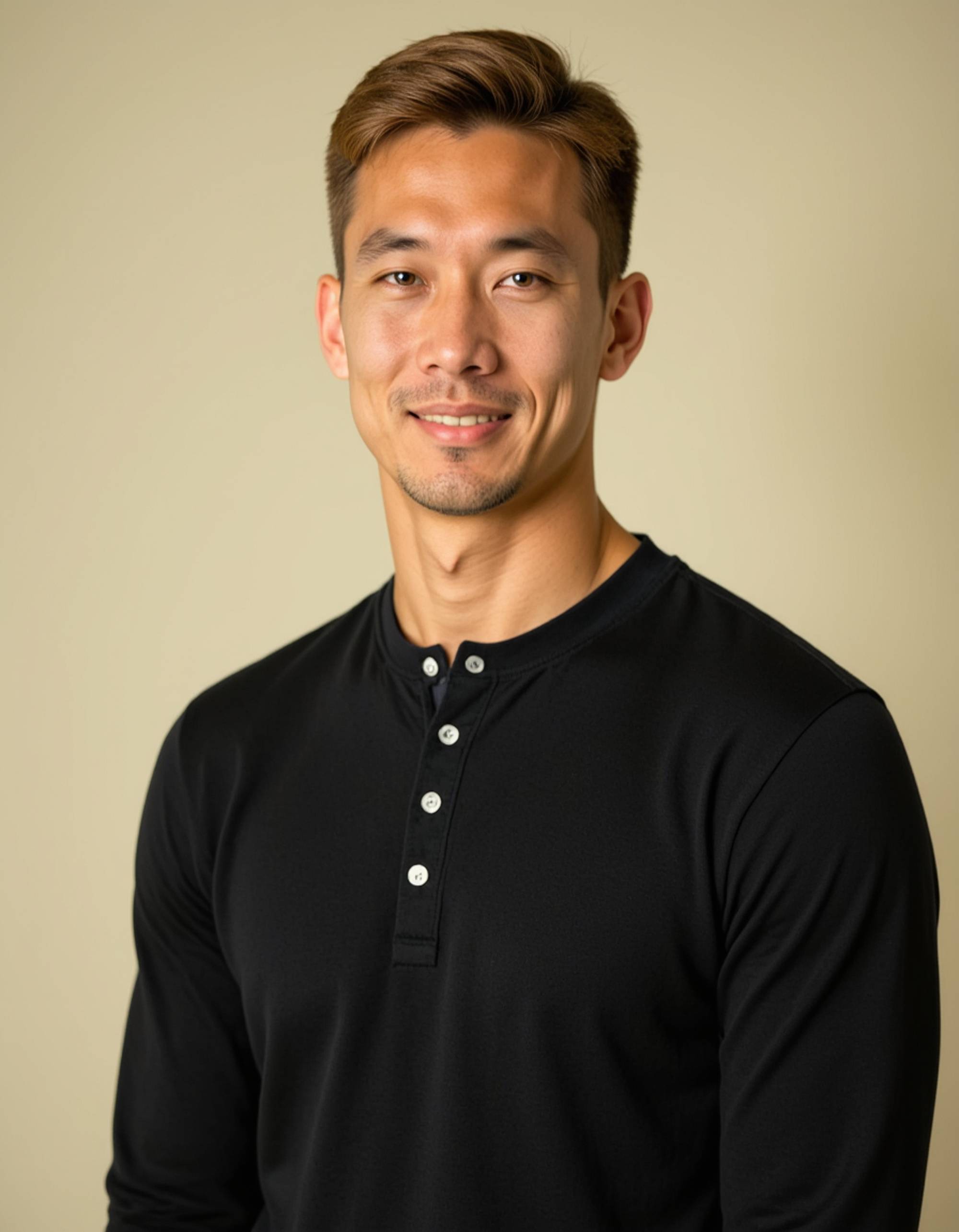 A professional actor headshot of a dynamic male model, shot against a seamless cream background in controlled studio lighting. The model wears a fitted black henley shirt with his blonde hair styled in a textured, casual look and clean-shaven face. The even lighting highlights his bright blue eyes and natural, approachable smile, creating an energetic headshot perfect for commercial and young professional roles.