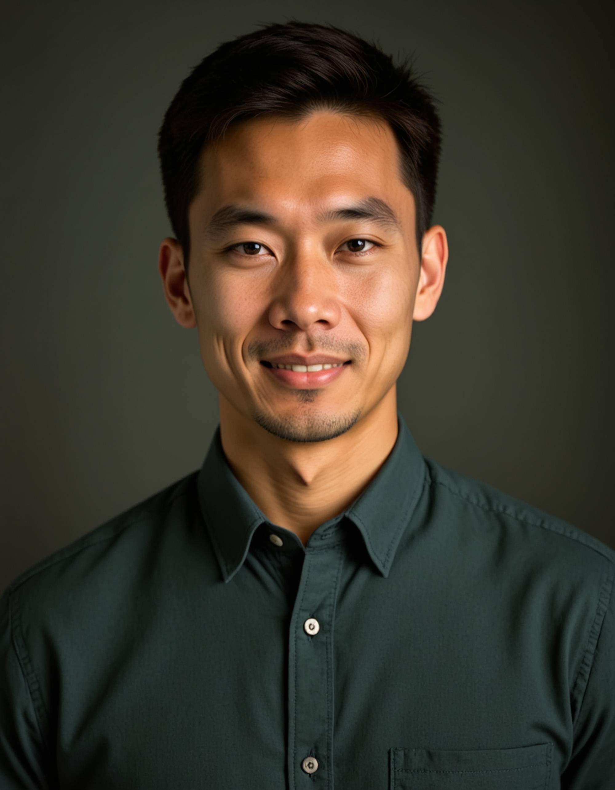 A professional actor headshot of a rugged male model, captured in a studio with a dark charcoal backdrop. He's wearing a forest green flannel shirt with his brown hair styled in a slightly tousled, natural look and a five o'clock shadow. The lighting creates strong definition across his masculine features while he displays a confident, intense gaze with a subtle smirk, conveying both strength and charisma for action and dramatic character roles.