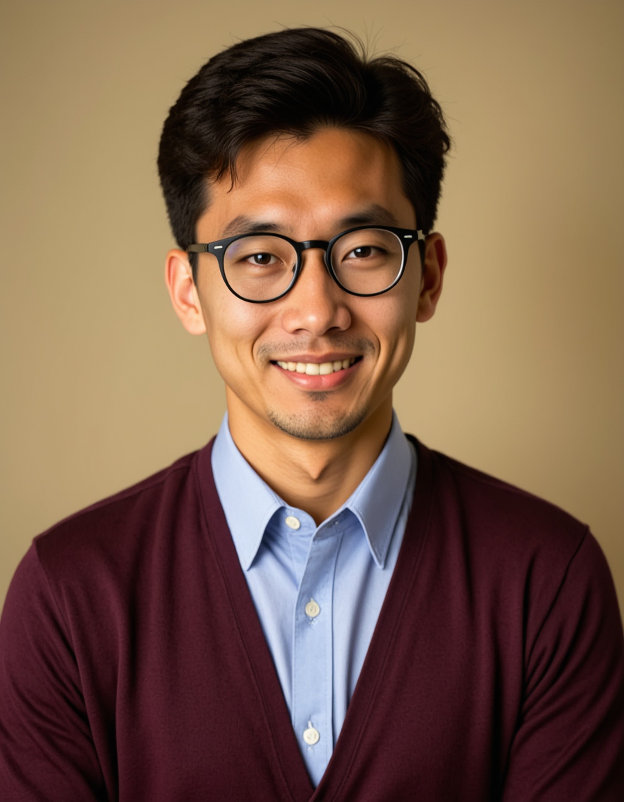 A professional actor headshot of an intellectual male model, photographed against a soft beige studio backdrop. The model is dressed in a burgundy cardigan over a light blue dress shirt with his curly hair styled naturally and wearing stylish glasses. The professional lighting creates even illumination across his thoughtful features, capturing his warm, intelligent expression and genuine smile, resulting in a headshot perfect for professor, doctor, and sophisticated character auditions.