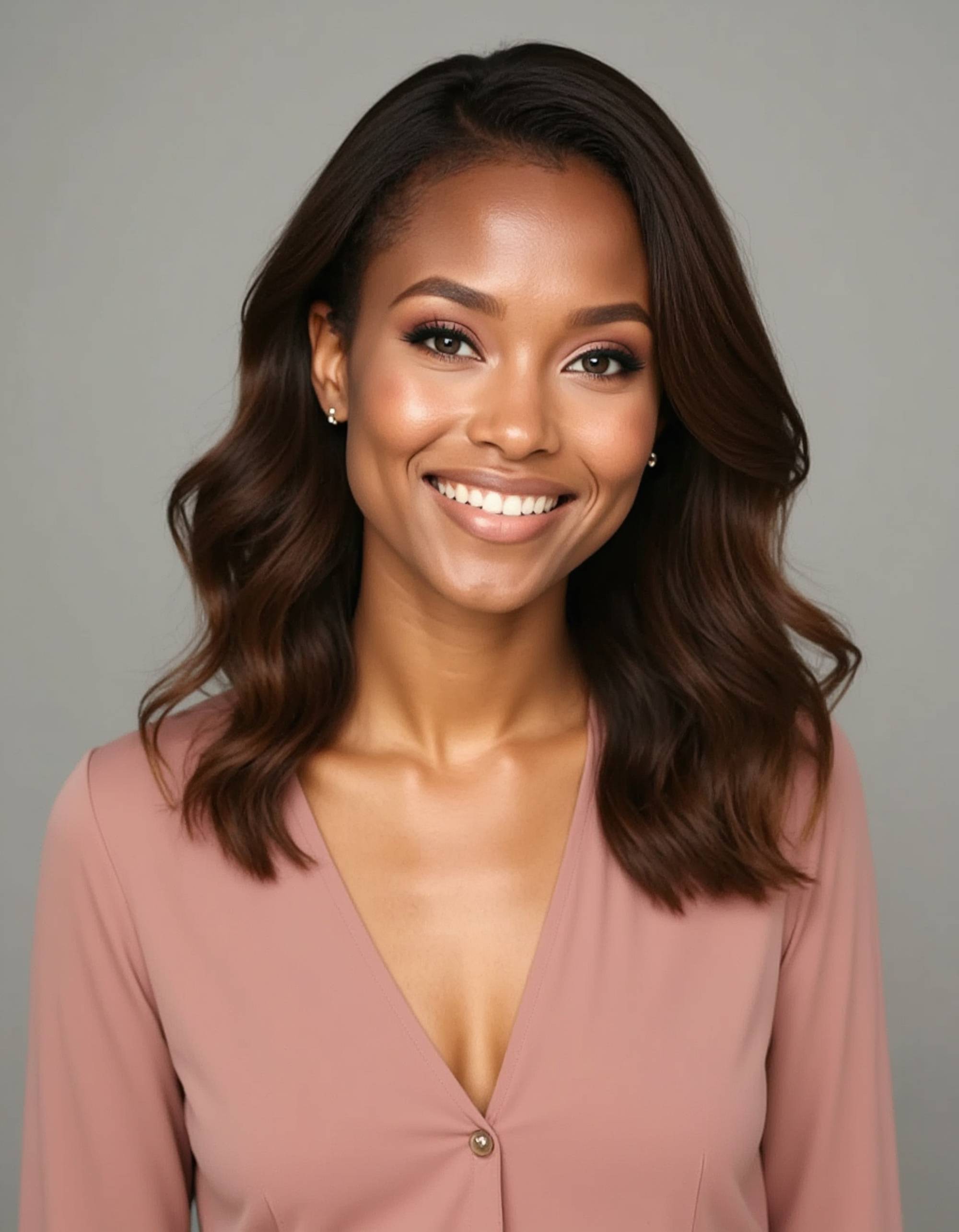 A professional actor headshot of a radiant female model, taken in a well-lit studio with a soft pearl gray backdrop. The model is wearing a dusty rose blouse with delicate silver earrings and her chestnut hair styled in beachy waves. Her makeup features a natural dewy finish with peachy tones and defined brows. The lighting creates gentle highlights on her cheekbones while she displays a bright, infectious laugh with sparkling hazel eyes, perfect for romantic comedy and lifestyle brand casting.