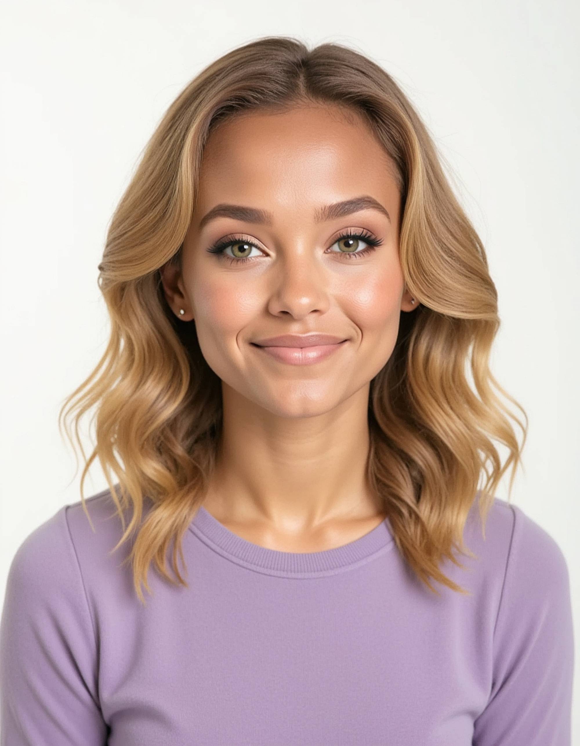 A professional actor headshot of a youthful female model, shot against a clean white backdrop in bright studio lighting. The model wears a soft lavender sweater with her honey blonde hair styled in loose curls with face-framing layers. Her makeup is fresh and minimal with rosy cheeks and glossy lips. The even lighting captures her genuine, carefree smile and bright green eyes, creating an approachable headshot perfect for teen roles and coming-of-age character casting.
