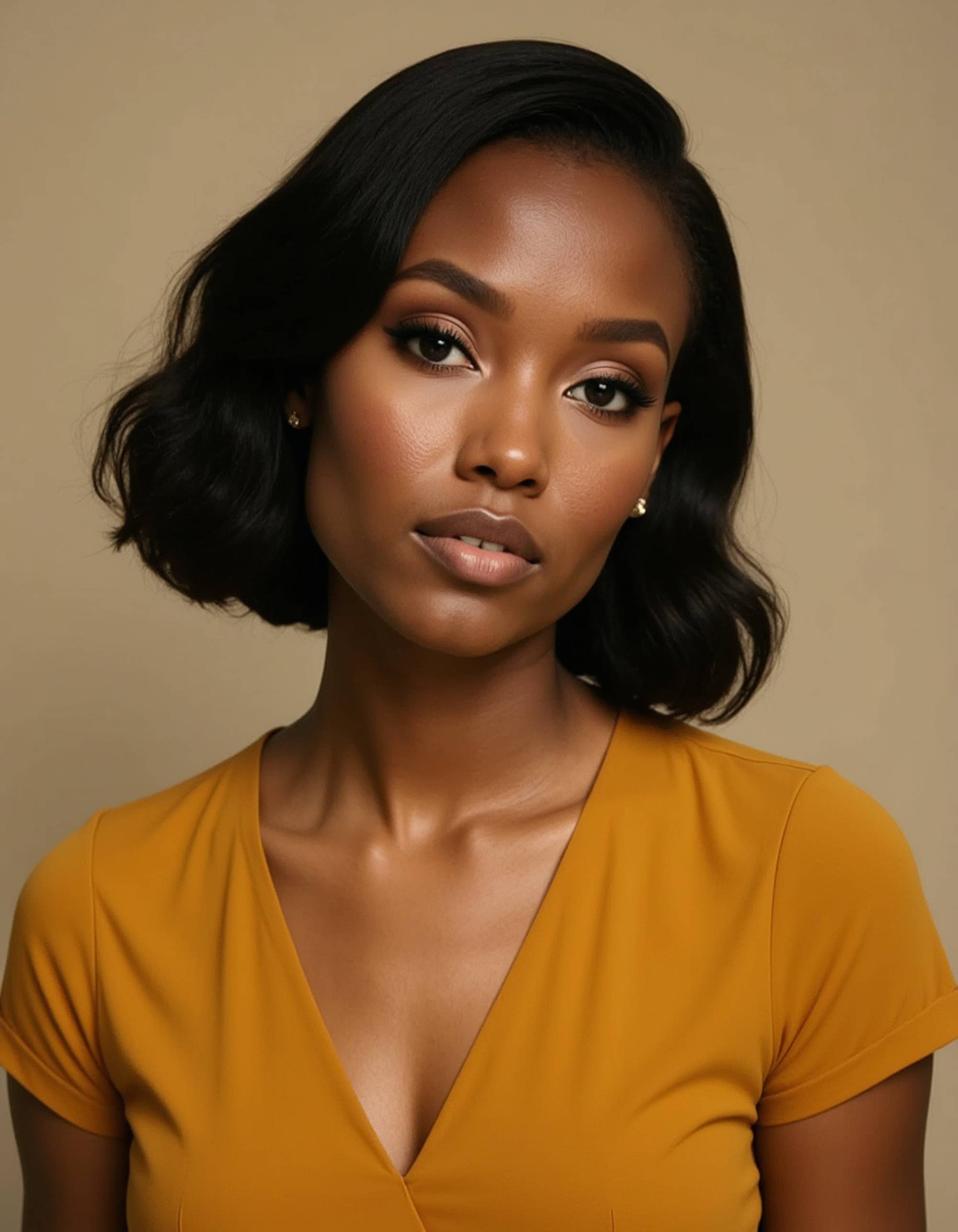 A professional actor headshot of an artistic female model, captured in a studio with a textured cream backdrop. She's wearing a vintage-inspired mustard yellow blouse with her raven black hair styled in a sleek bob with subtle waves. The makeup emphasizes her striking features with winged eyeliner and nude lips. The moody lighting creates beautiful shadows across her face while she displays a mysterious, contemplative expression, conveying depth and intrigue for indie film and dramatic theater auditions.