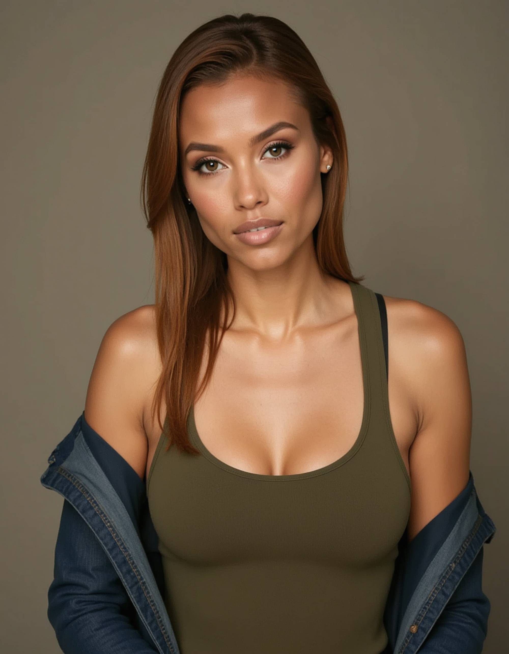 A professional actor headshot of an athletic female model, photographed against a neutral taupe studio backdrop. The model is dressed in a fitted olive green tank top layered under an open denim shirt, her auburn hair pulled back in a polished low ponytail with loose strands framing her face. Her makeup is natural with sun-kissed skin and clear gloss. The lighting highlights her toned shoulders and genuine, determined smile with bright brown eyes, perfect for action roles and outdoor lifestyle commercial casting.
