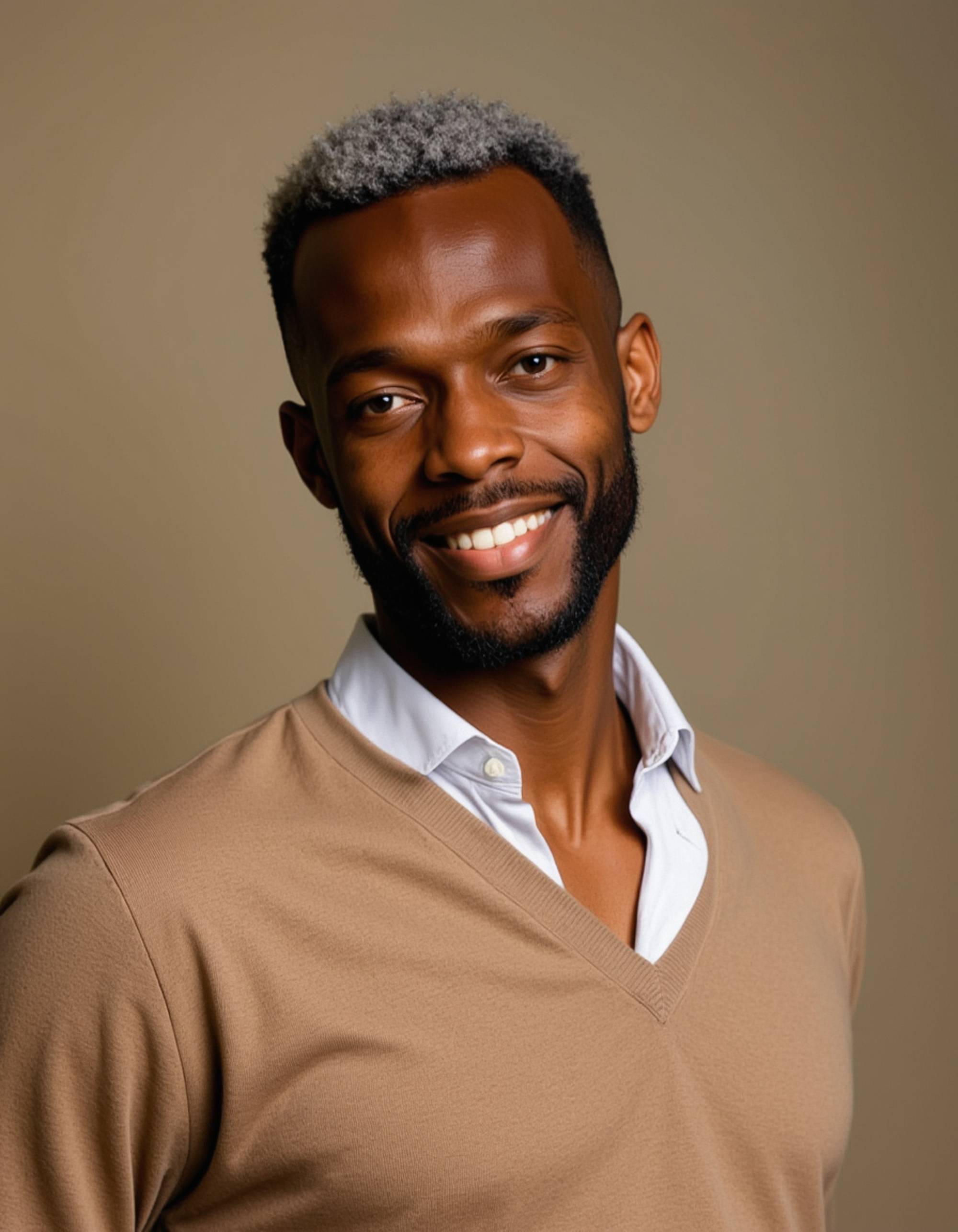 A professional actor headshot of a sophisticated male model, taken in a well-lit studio with a warm ivory backdrop. The model is wearing a camel-colored cashmere sweater with his silver hair styled in a distinguished side part and a neatly trimmed goatee. The lighting creates elegant shadows that accentuate his refined features while he displays a wise, gentle smile with kind gray eyes, perfect for mentor and grandfather character roles in prestige dramas.
