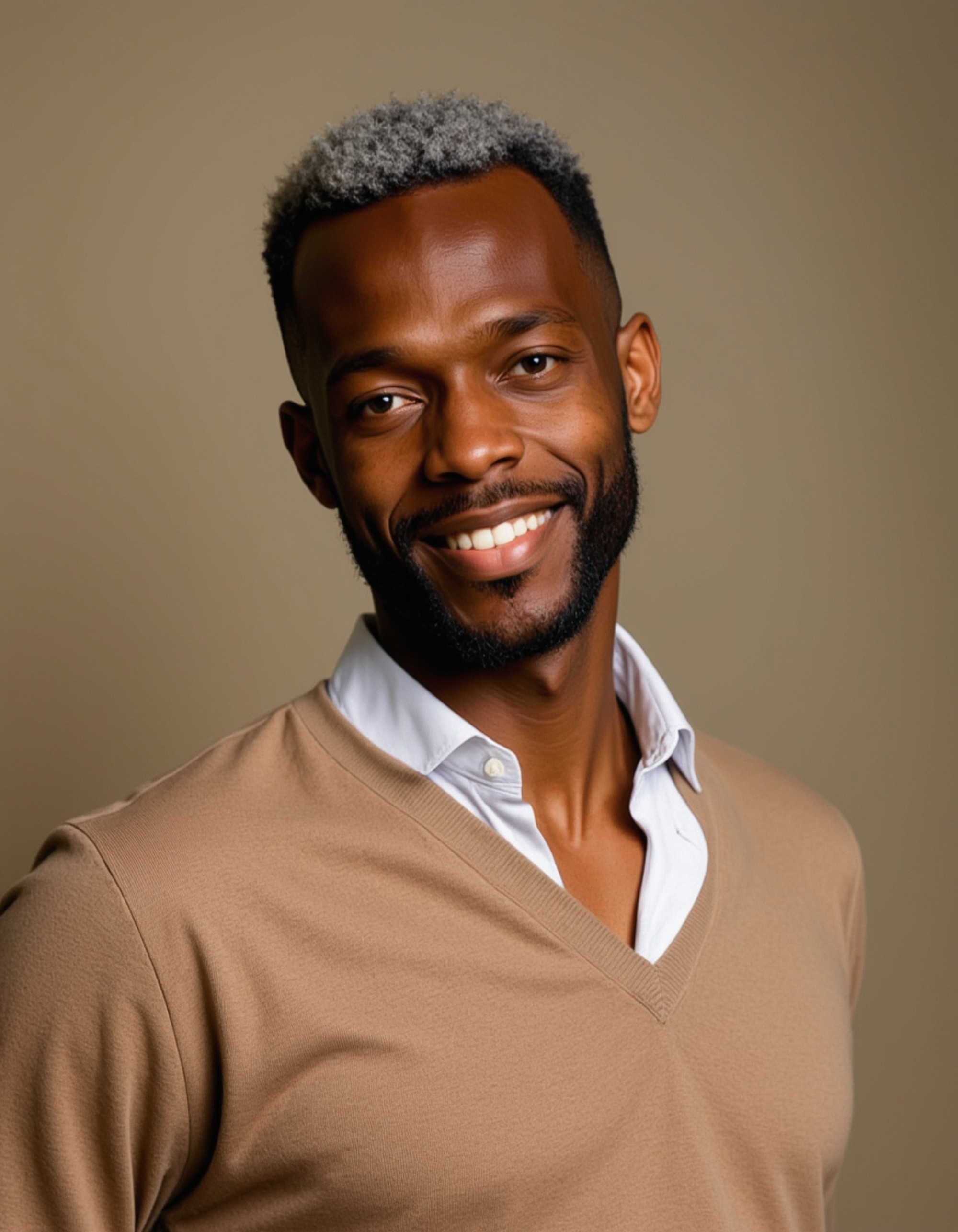 A professional actor headshot of a sophisticated male model, taken in a well-lit studio with a warm ivory backdrop. The model is wearing a camel-colored cashmere sweater with his silver hair styled in a distinguished side part and a neatly trimmed goatee. The lighting creates elegant shadows that accentuate his refined features while he displays a wise, gentle smile with kind gray eyes, perfect for mentor and grandfather character roles in prestige dramas.