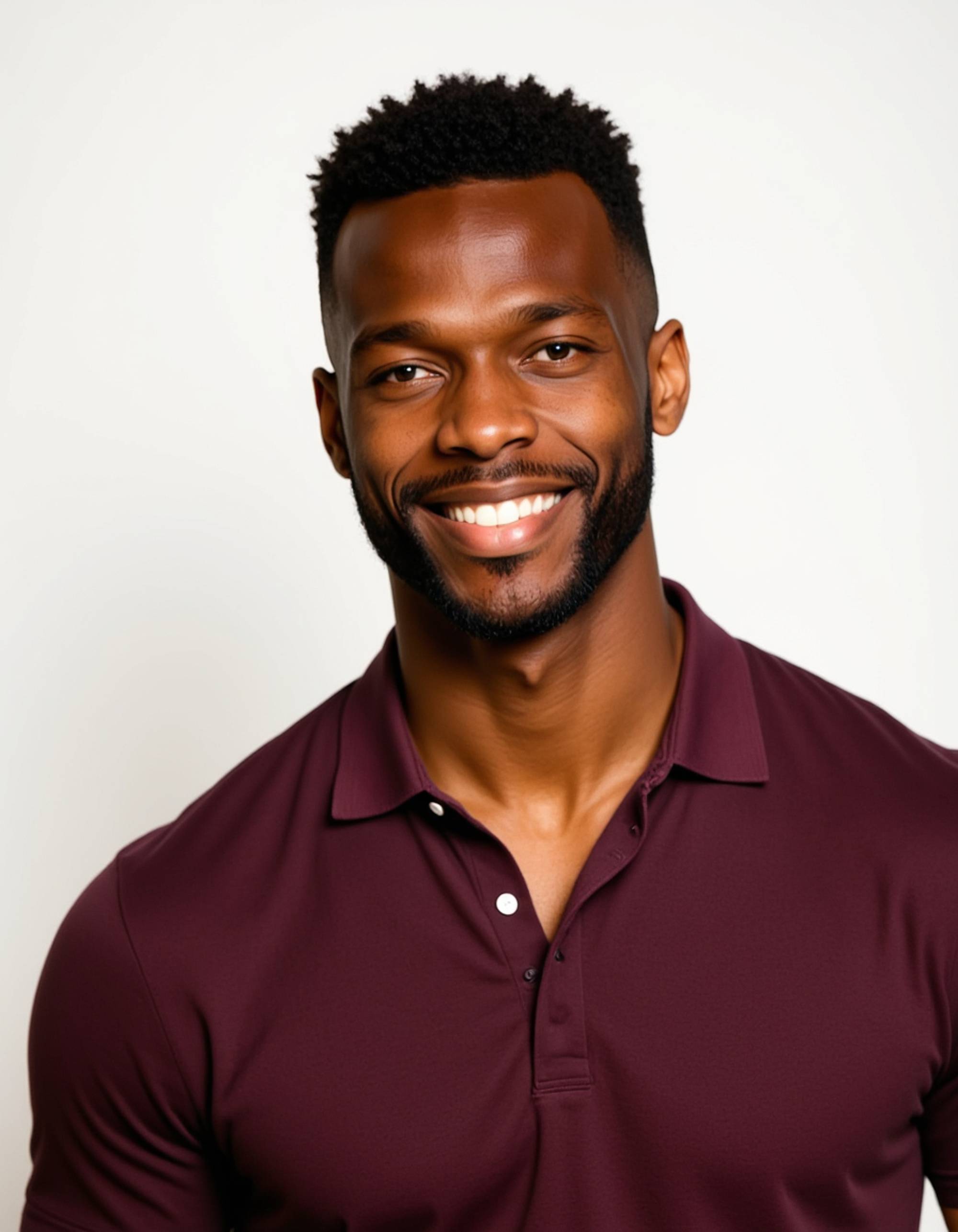A professional actor headshot of an athletic male model, photographed in a studio setting with a clean white background. He's dressed in a fitted maroon polo shirt that highlights his muscular build, with his dark brown hair styled in a modern fade and clean-shaven face. The bright lighting emphasizes his strong cheekbones and jaw while he shows an energetic, competitive grin with intense dark eyes, ideal for sports-themed roles and action hero casting.
