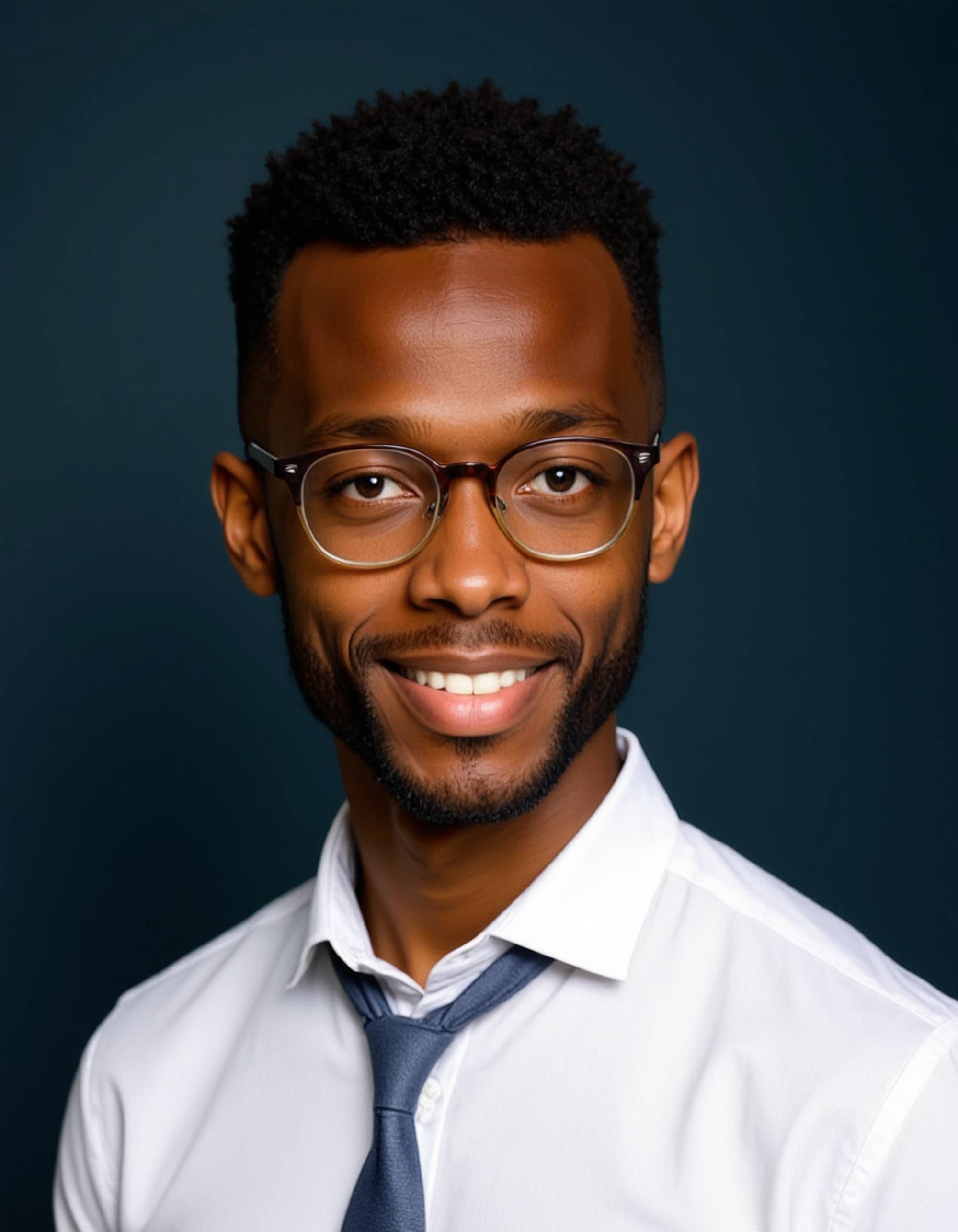 A professional actor headshot of a polished male model, captured in a studio with a deep navy backdrop. He's wearing a crisp white dress shirt with a subtle pattern tie, his jet black hair slicked back professionally and wearing thin-rimmed glasses. The controlled lighting highlights his sharp features and intelligent expression while he maintains a confident, approachable smile with piercing blue eyes, conveying authority and trustworthiness for lawyer and businessman roles.