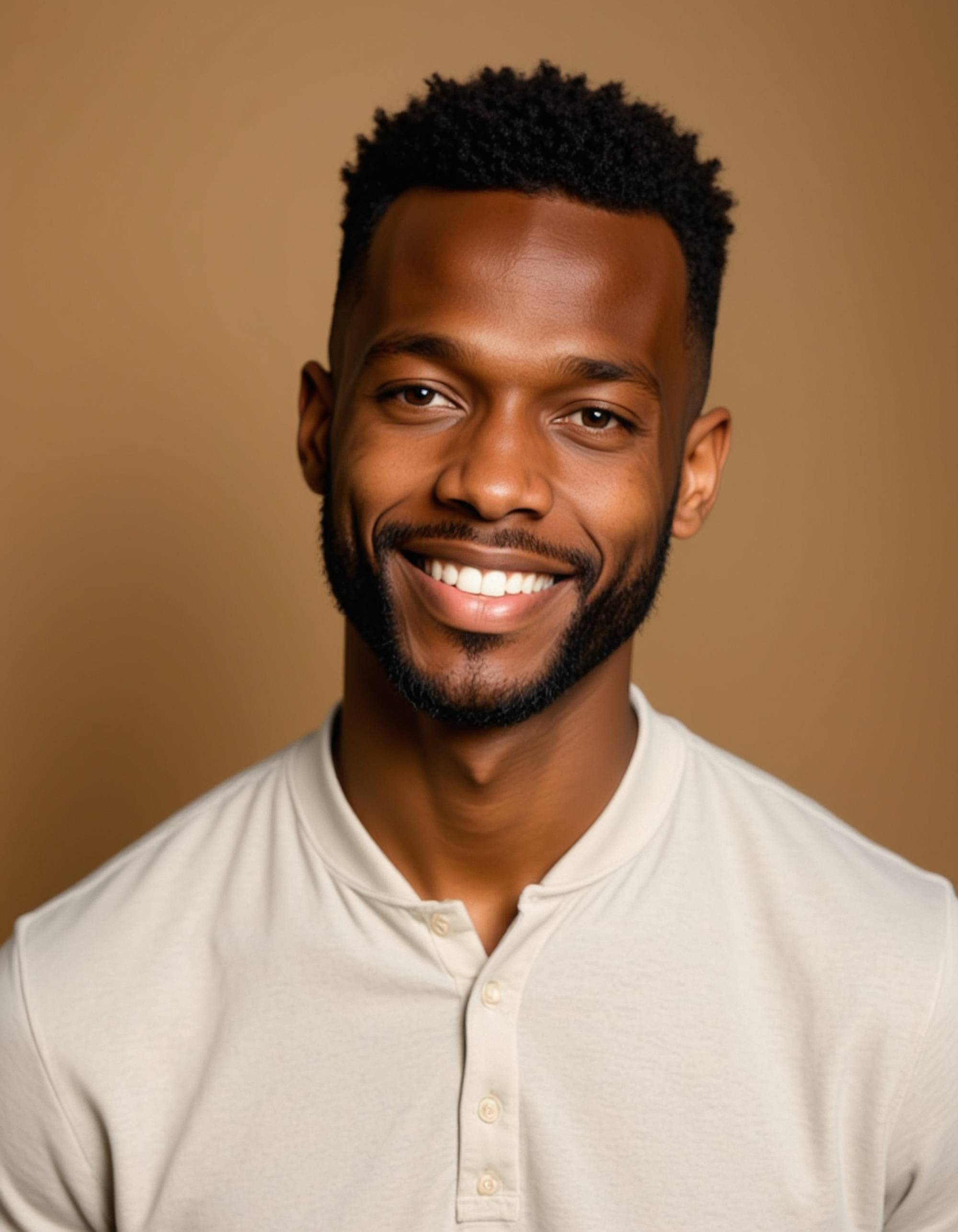 A professional actor headshot of a charismatic male model, photographed against a warm beige studio backdrop. The model is dressed in a textured cream henley shirt with his light brown hair tousled naturally and sporting a short, well-groomed beard. The golden lighting creates a warm glow across his friendly features while he displays a genuine, boyish smile with laugh lines around his warm brown eyes, creating a headshot perfect for romantic lead and everyman character casting.