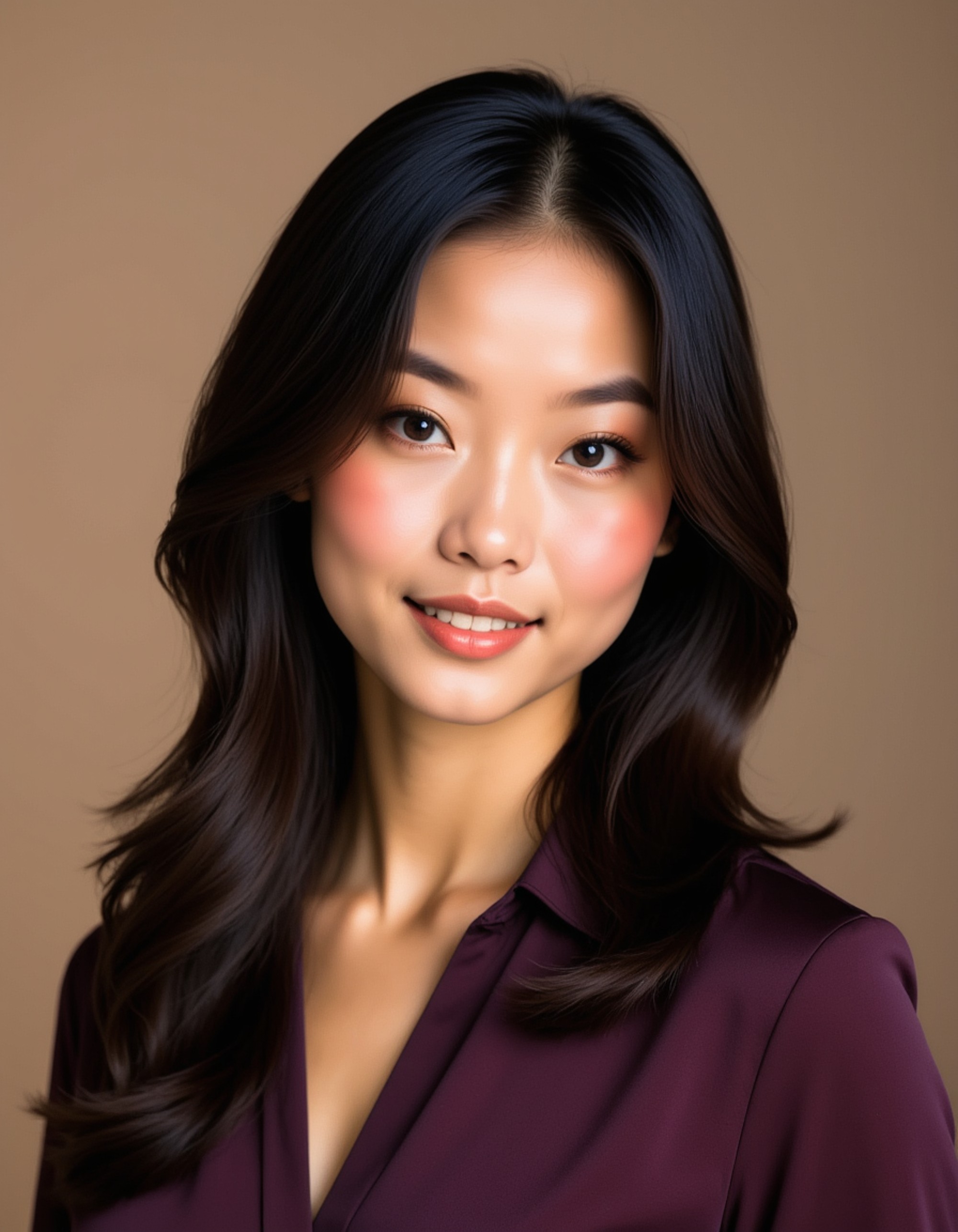 A professional actor headshot of a captivating female model, taken in a well-lit studio with a soft champagne backdrop. The model is wearing a deep plum silk blouse with her jet black hair styled in a sleek straight cut that grazes her shoulders. Her makeup features smoky eyes with bronze tones and nude glossy lips. The lighting creates beautiful highlights on her olive skin while she displays a sultry, confident smile with piercing dark eyes, perfect for femme fatale and sophisticated character roles.