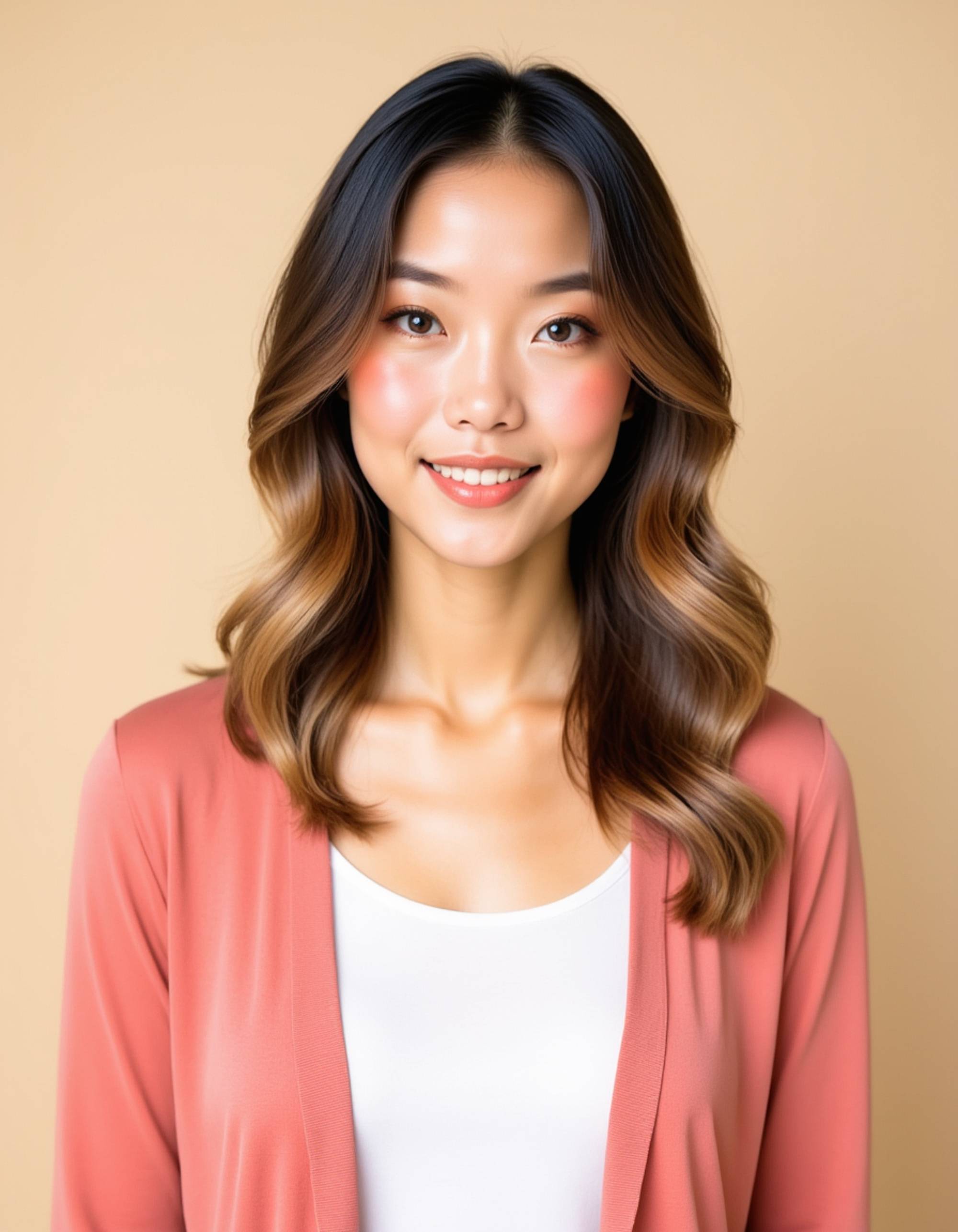 A professional actor headshot of a wholesome female model, photographed in a studio setting with a warm cream background. She's dressed in a soft coral cardigan over a white tank top with her strawberry blonde hair styled in natural waves with a side braid accent. The makeup is fresh and natural with freckles showing through and peachy lip tint. The gentle lighting captures her sweet, genuine laughter and bright blue eyes, ideal for girl-next-door and family-friendly commercial casting.