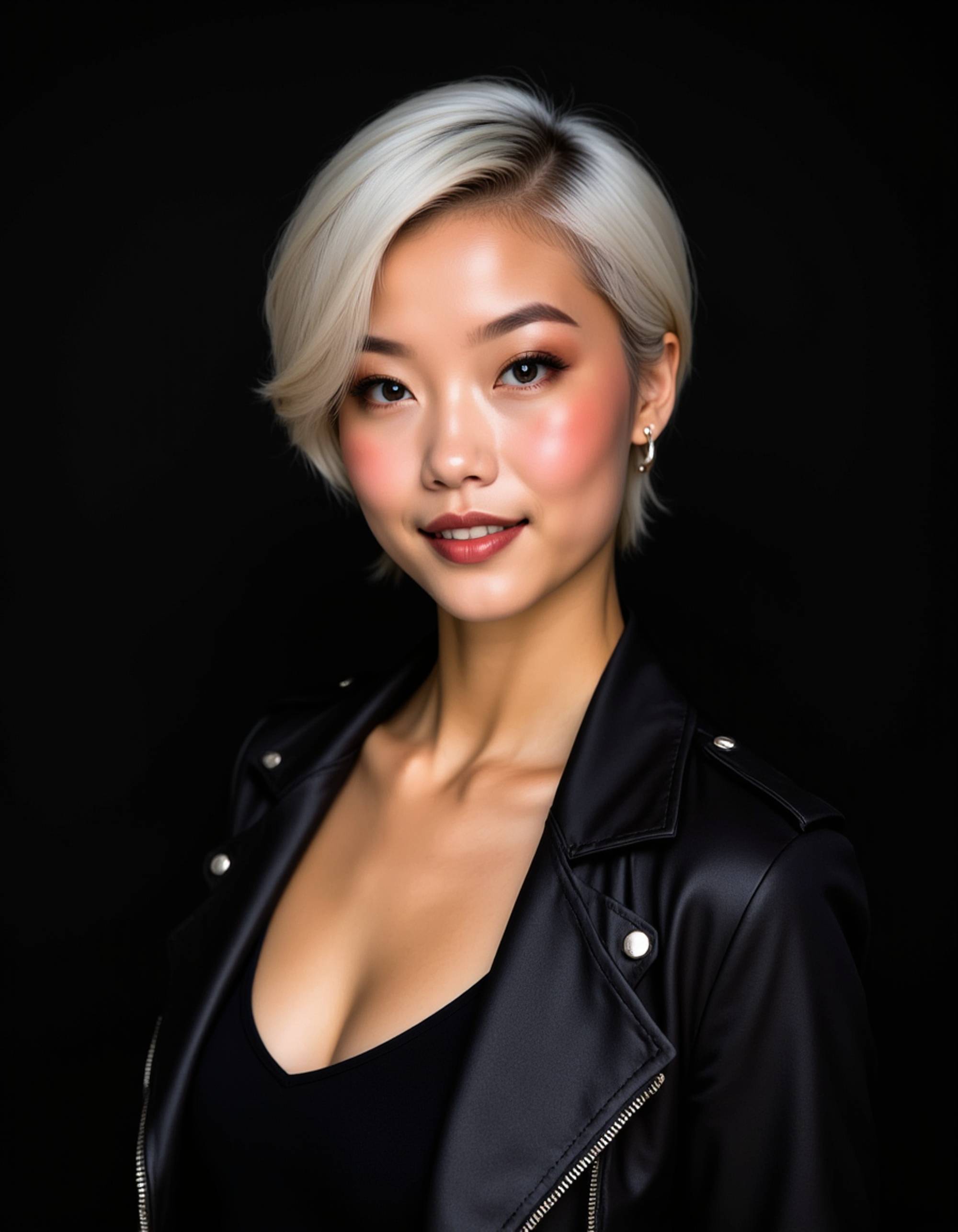 A professional actor headshot of an edgy female model, shot against a stark black backdrop in dramatic studio lighting. The model wears a leather jacket over a simple black top with her platinum pixie cut styled with subtle texture and bold silver jewelry. Her makeup is striking with defined cheekbones, dark smoky eyes, and matte burgundy lips. The high-contrast lighting creates sharp shadows while she maintains an intense, rebellious gaze with a smirk, perfect for punk rock and anti-hero character auditions.