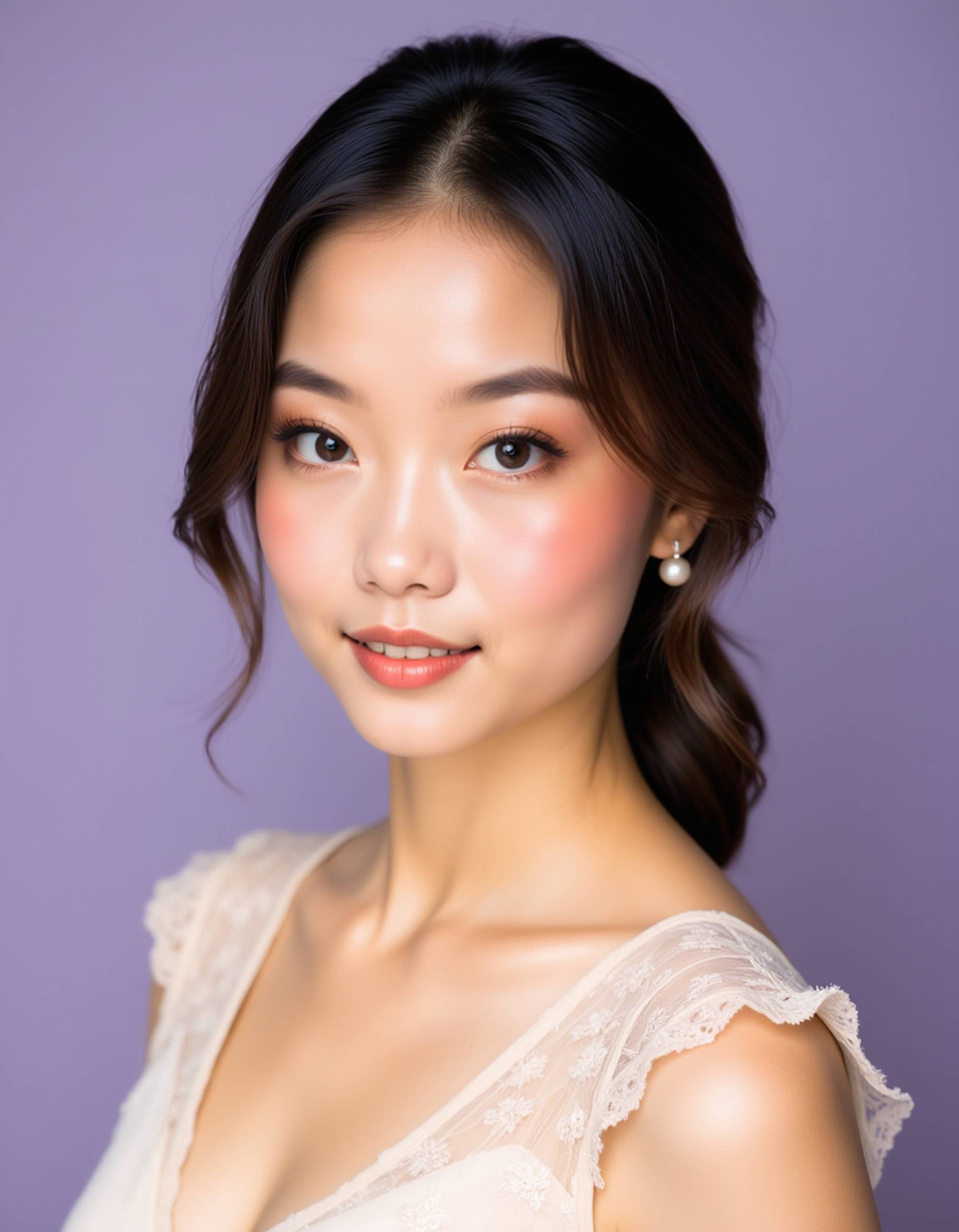 A professional actor headshot of an elegant female model, captured in a studio with a soft lavender backdrop. She's wearing a vintage-inspired cream lace top with pearl drop earrings, her golden brown hair styled in a classic updo with soft tendrils framing her face. The makeup is timeless with winged eyeliner, rosy cheeks, and classic red lips. The romantic lighting creates a dreamy glow while she displays a graceful, serene smile with warm amber eyes, ideal for period drama and sophisticated romantic lead roles.