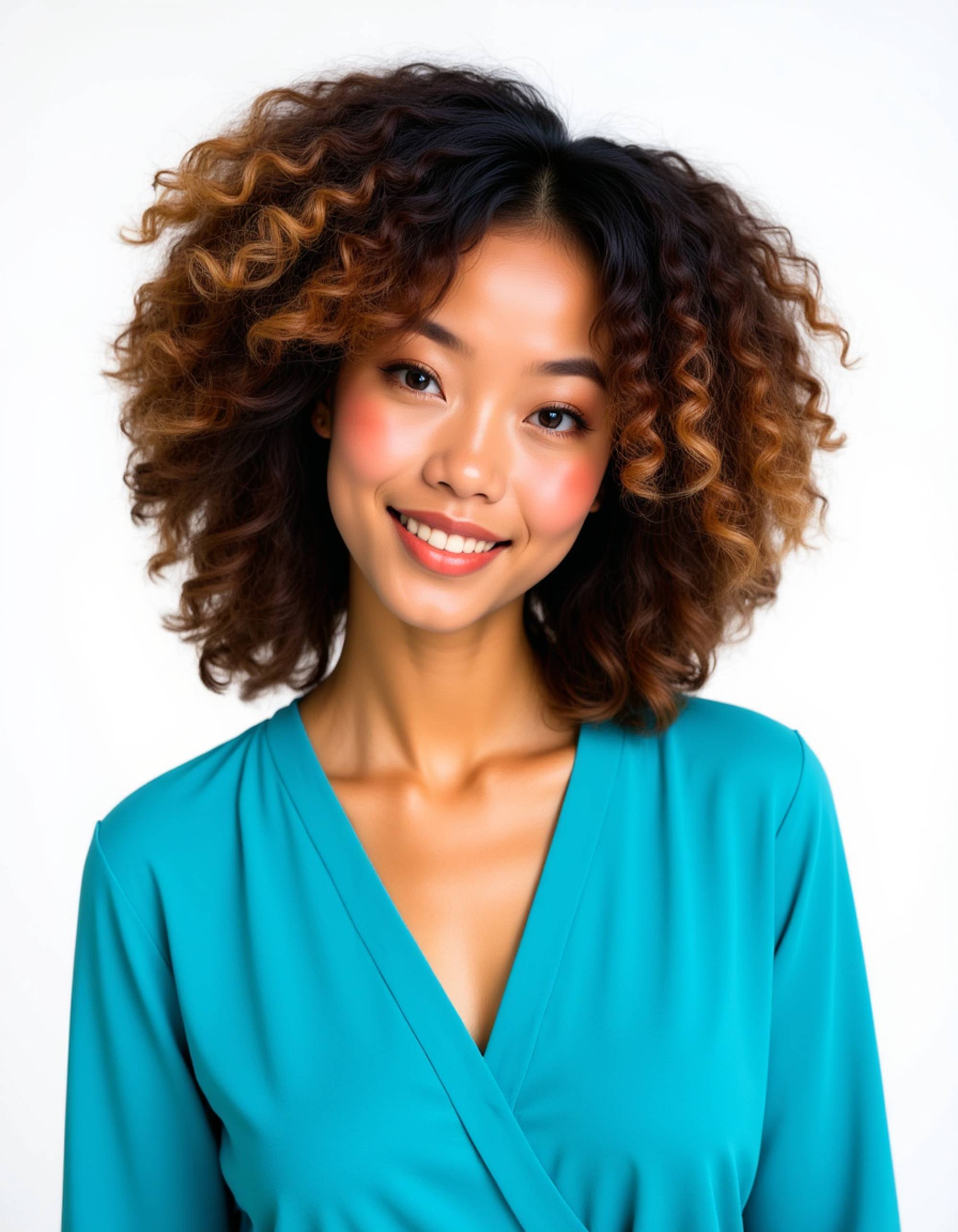 A professional actor headshot of a vibrant female model, photographed against a bright white studio backdrop. The model is dressed in a bold turquoise blouse that complements her rich brown skin, with her natural curly hair styled in a voluminous afro with golden highlights. Her makeup celebrates her features with warm bronzes and a bright coral lip. The even lighting captures her infectious, joyful smile and sparkling brown eyes, creating an energetic headshot perfect for comedic roles and diverse ensemble casting.