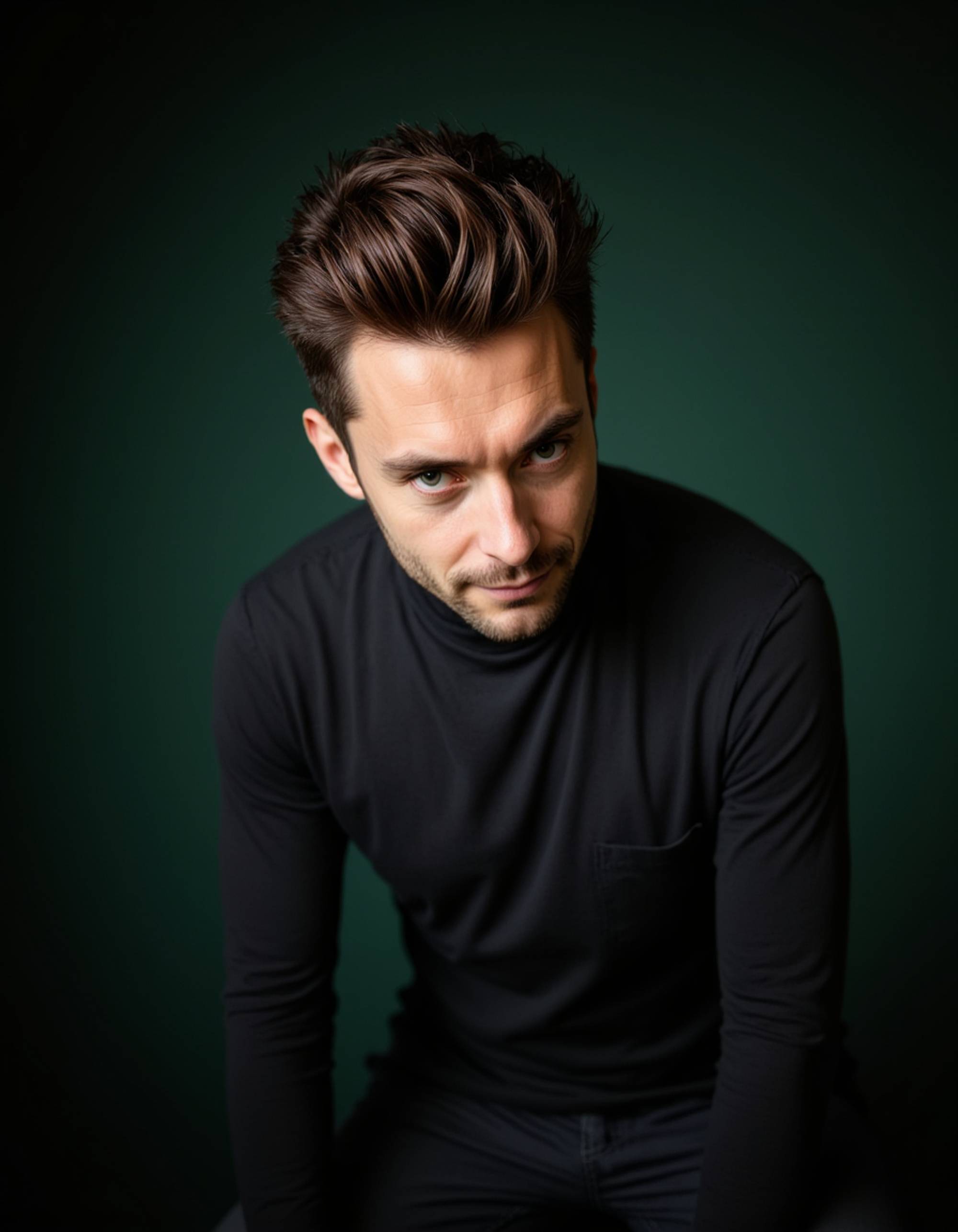 A professional actor headshot of a mysterious male model, taken in a well-lit studio with a deep forest green backdrop. The model is wearing a black turtleneck sweater with his dark hair styled in a slicked-back look and a precisely trimmed Van Dyke beard. The dramatic lighting creates strong contrasts across his angular features while he displays an enigmatic, piercing stare with steel gray eyes and a barely perceptible smile, perfect for villain and complex anti-hero character roles.