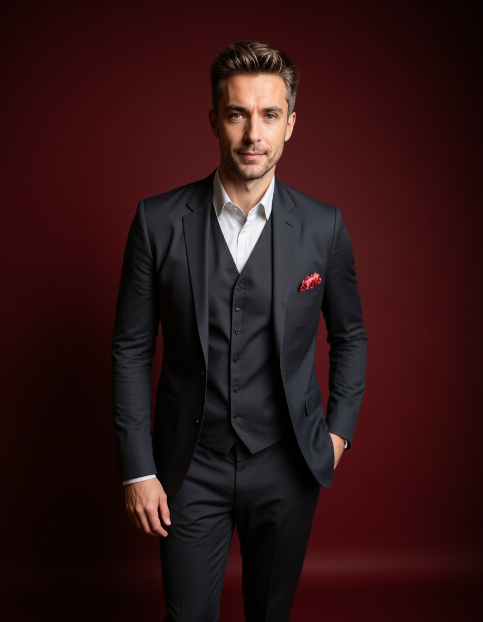 A professional actor headshot of a suave male model, shot against a luxurious burgundy backdrop in controlled studio lighting. The model wears a perfectly fitted charcoal three-piece suit with a silk pocket square, his silver-streaked black hair combed back elegantly and a meticulously groomed mustache. The sophisticated lighting highlights his distinguished features while he maintains a debonair, confident smile with knowing dark eyes, perfect for wealthy patriarch and refined gentleman roles.