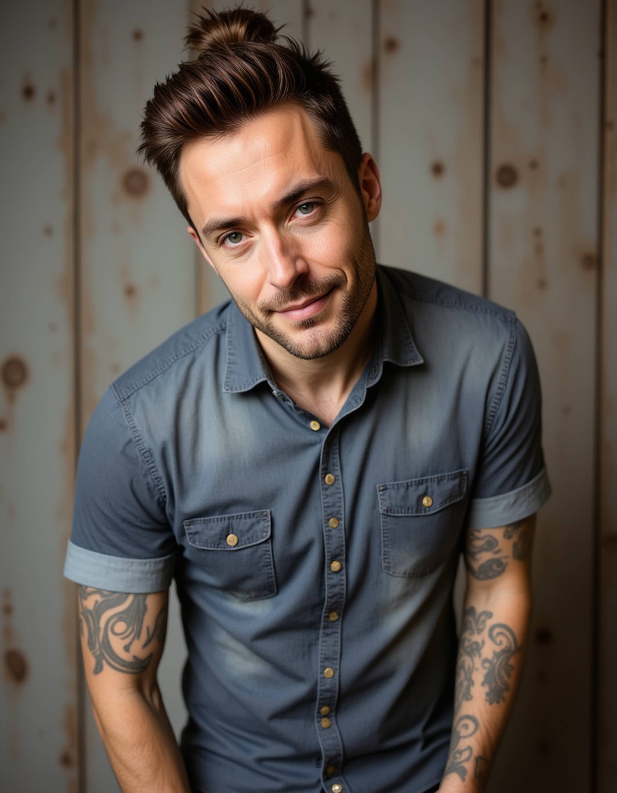 A professional actor headshot of a rugged male model, captured in a studio with a weathered wood-textured backdrop. He's wearing a faded denim shirt with the sleeves rolled up, revealing tattooed forearms, his long brown hair tied back in a man bun with a thick, unkempt beard. The natural lighting creates authentic shadows while he displays a genuine, easy-going grin with warm hazel eyes, conveying authenticity and grit for blue-collar and outdoorsman character auditions.