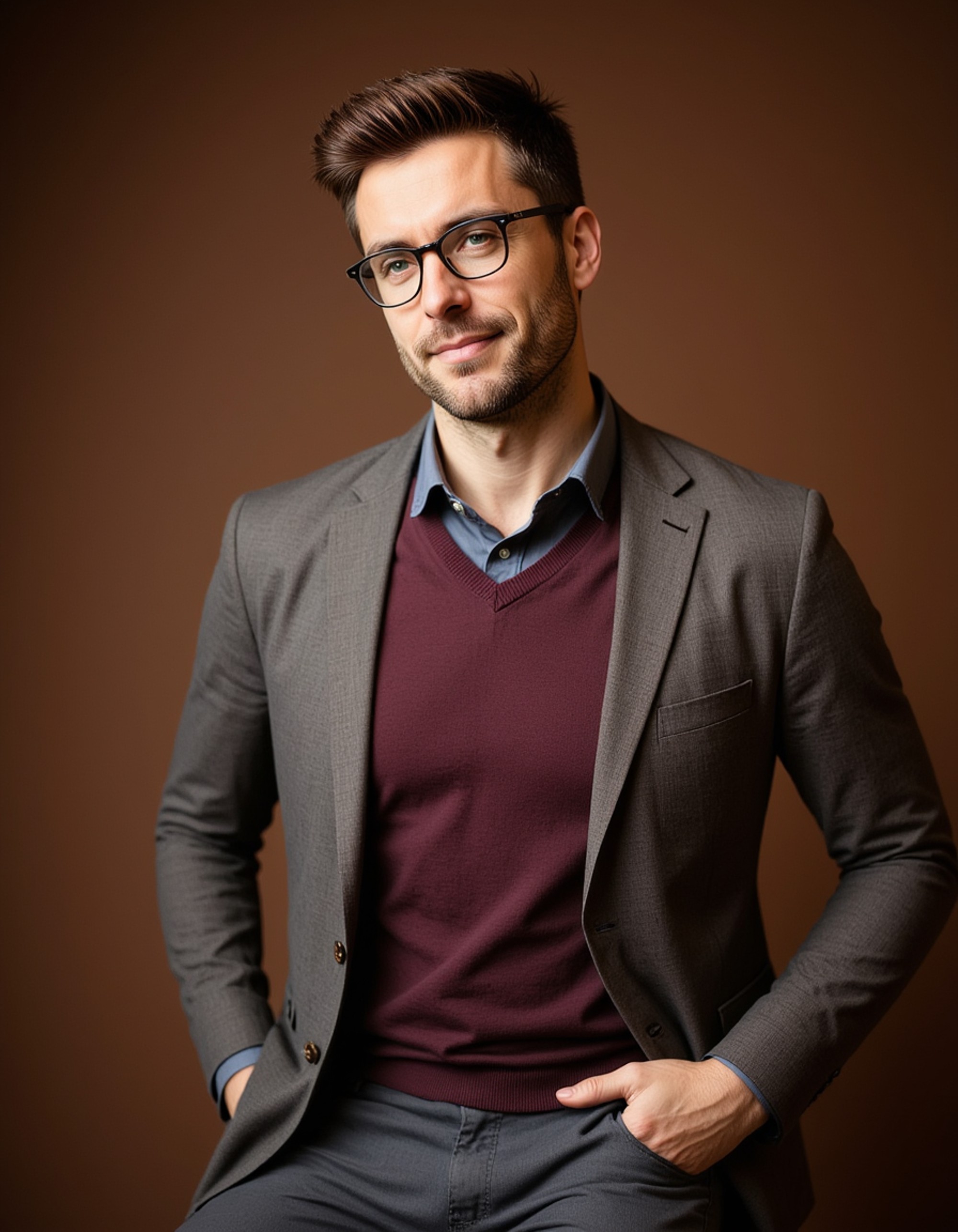 A professional actor headshot of a scholarly male model, photographed against a rich mahogany studio backdrop. The model is dressed in a tweed blazer with elbow patches over a burgundy sweater vest, his graying brown hair styled in a classic side part with a well-maintained full beard and vintage wire-rim glasses. The warm lighting creates an intellectual ambiance while he displays a thoughtful, gentle smile with wise brown eyes behind his lenses, ideal for professor and mentor character casting.